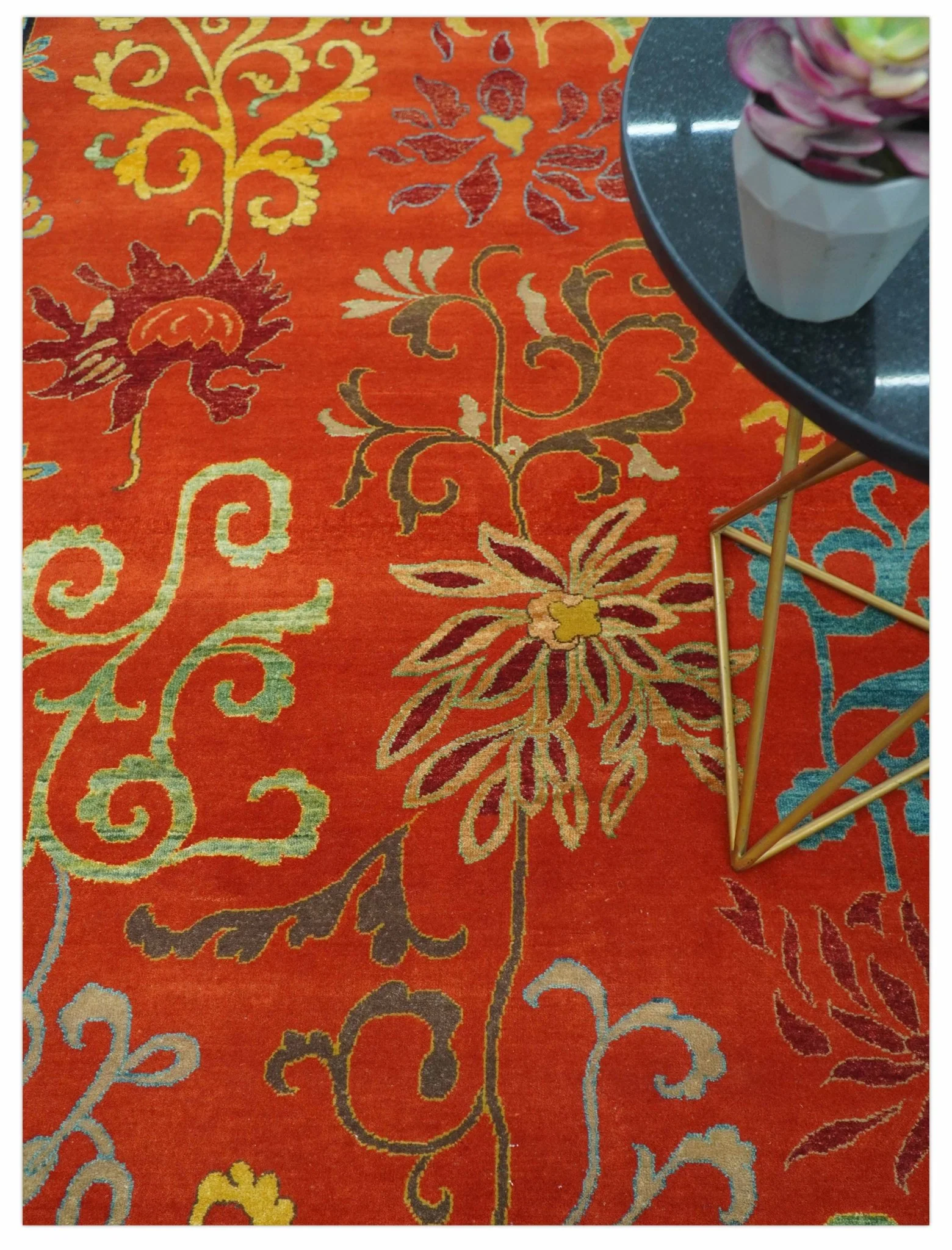 Modern Floral Orange 8x10 Hand Knotted wool Area Rug - Image 3