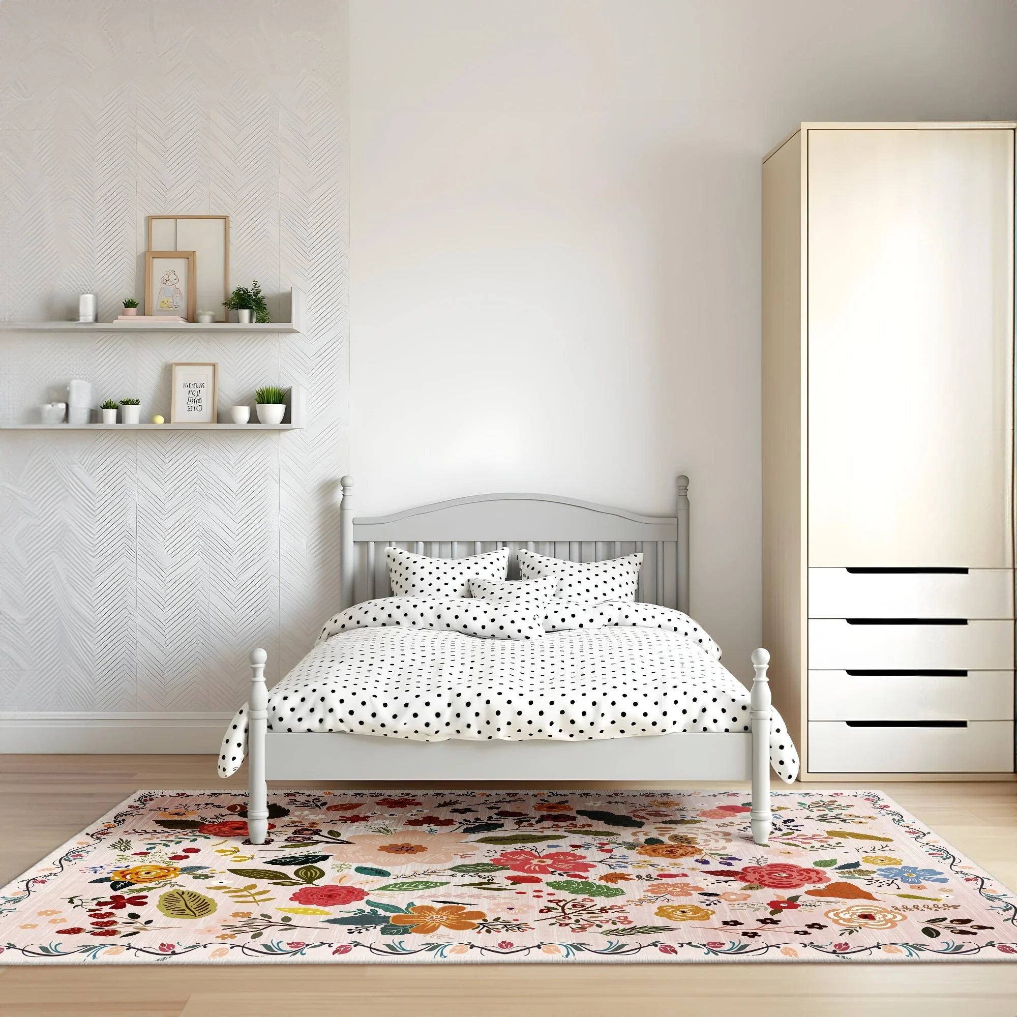 Modern Floral Peach Machine Washable Cotton Area Rug - Image 3