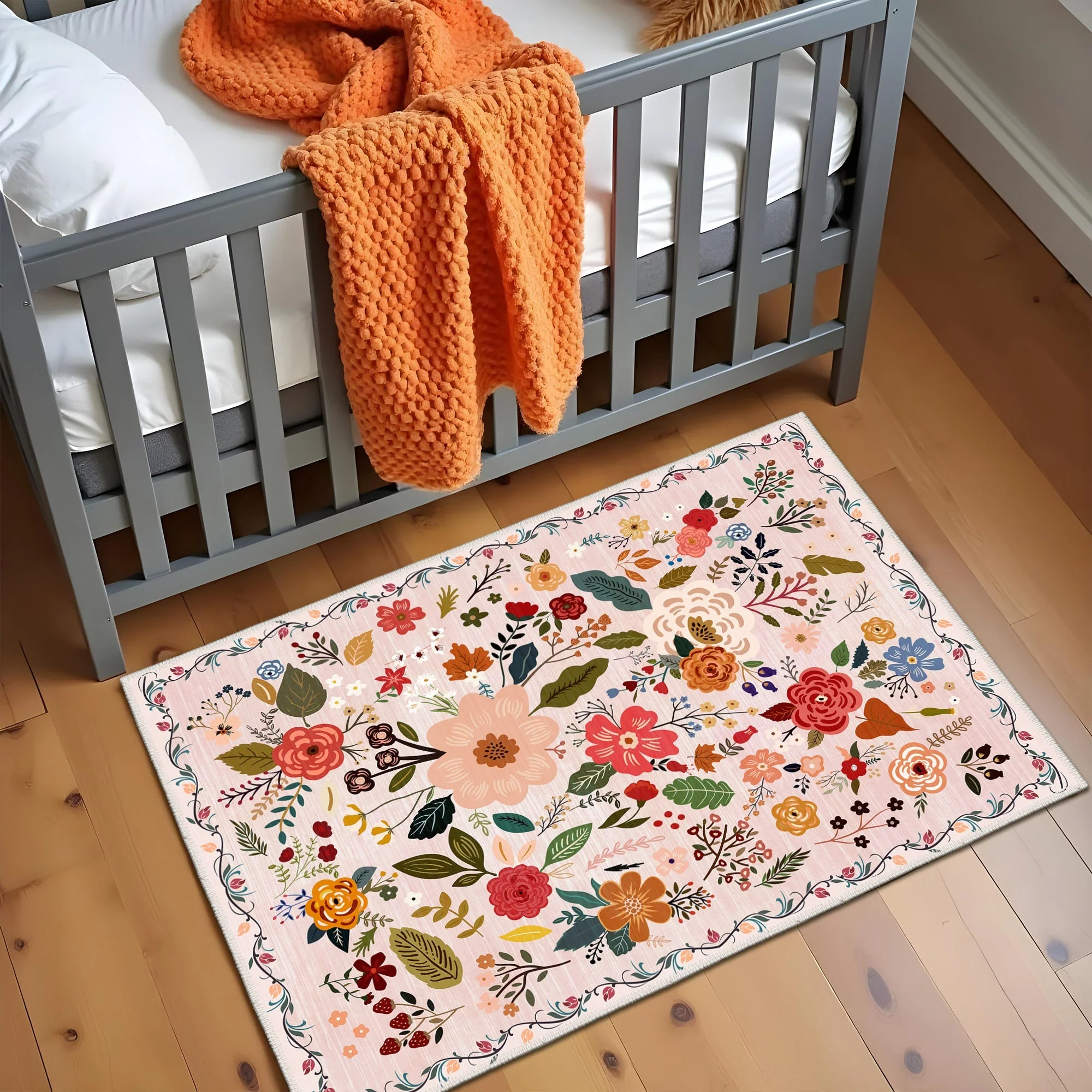 Modern Floral Peach Machine Washable Cotton Area Rug - Image 5