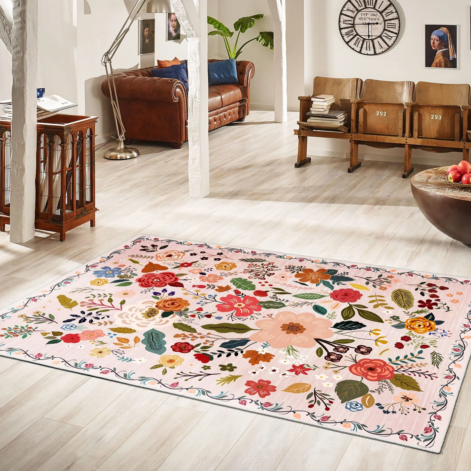 Modern Floral Peach Machine Washable Cotton Area Rug - Image 7