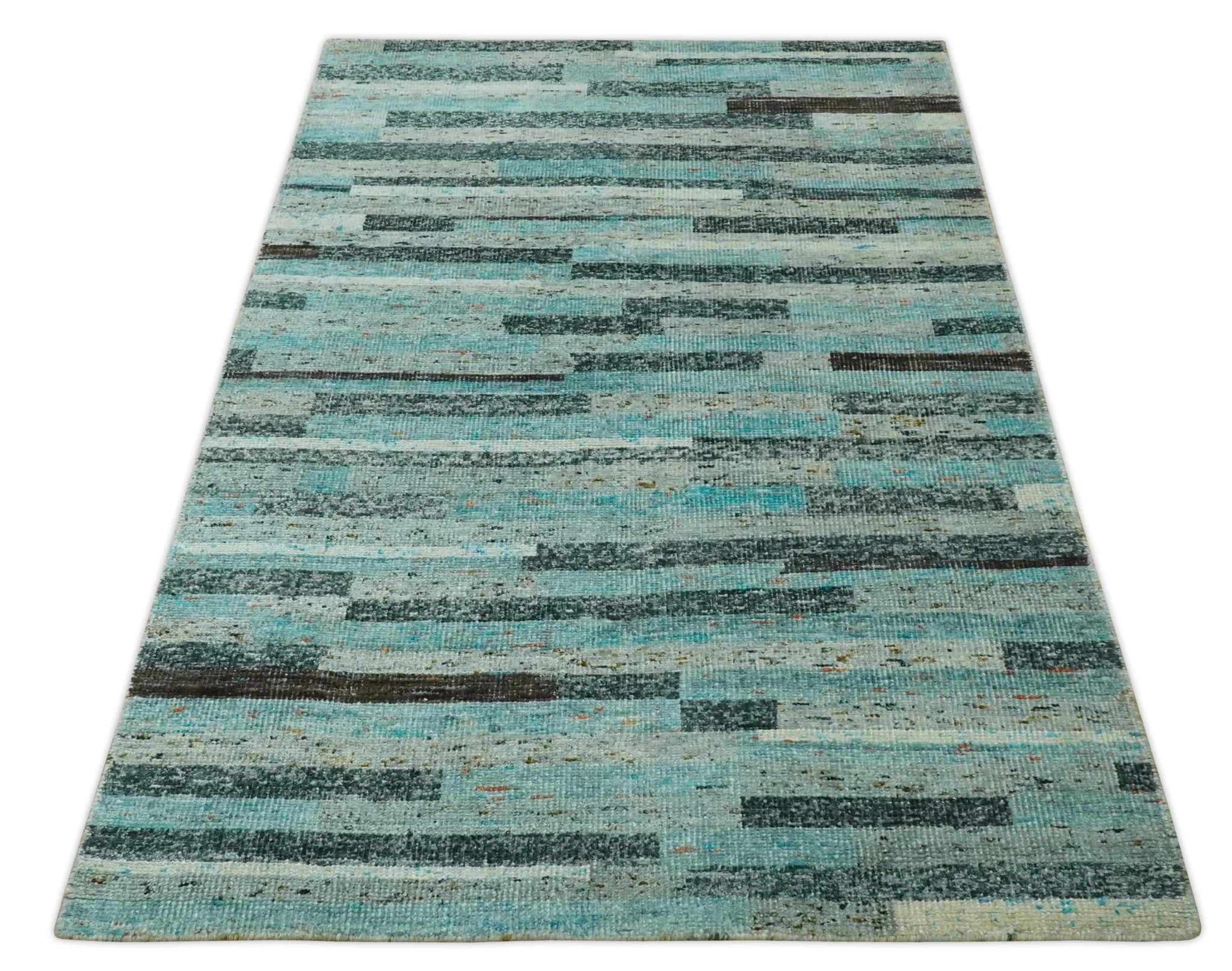 5x8 Modern Geomatical Aqua, Gray and Silver Stripes Design Hand Knotted wool Rug - Image 10