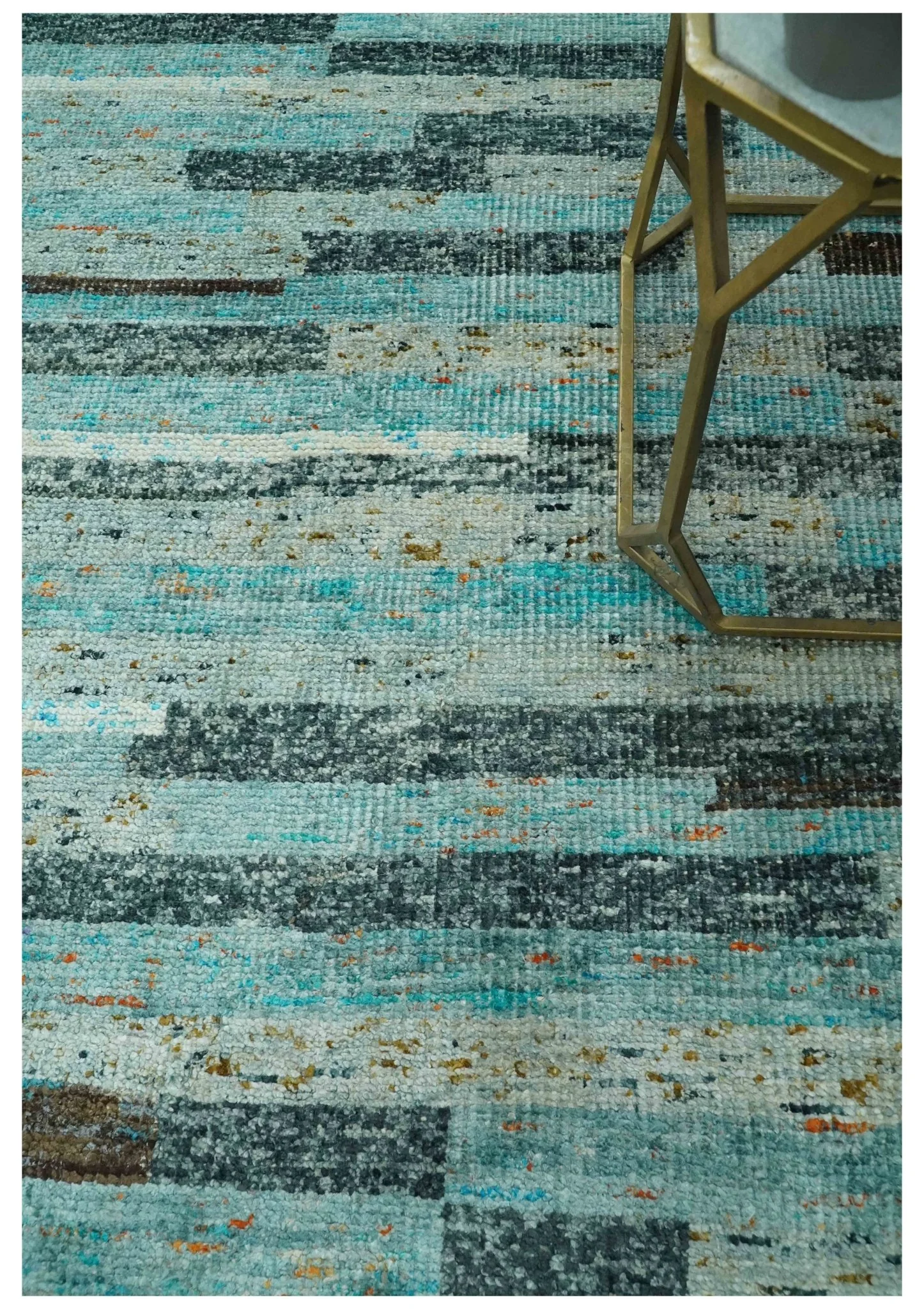 5x8 Modern Geomatical Aqua, Gray and Silver Stripes Design Hand Knotted wool Rug - Image 2
