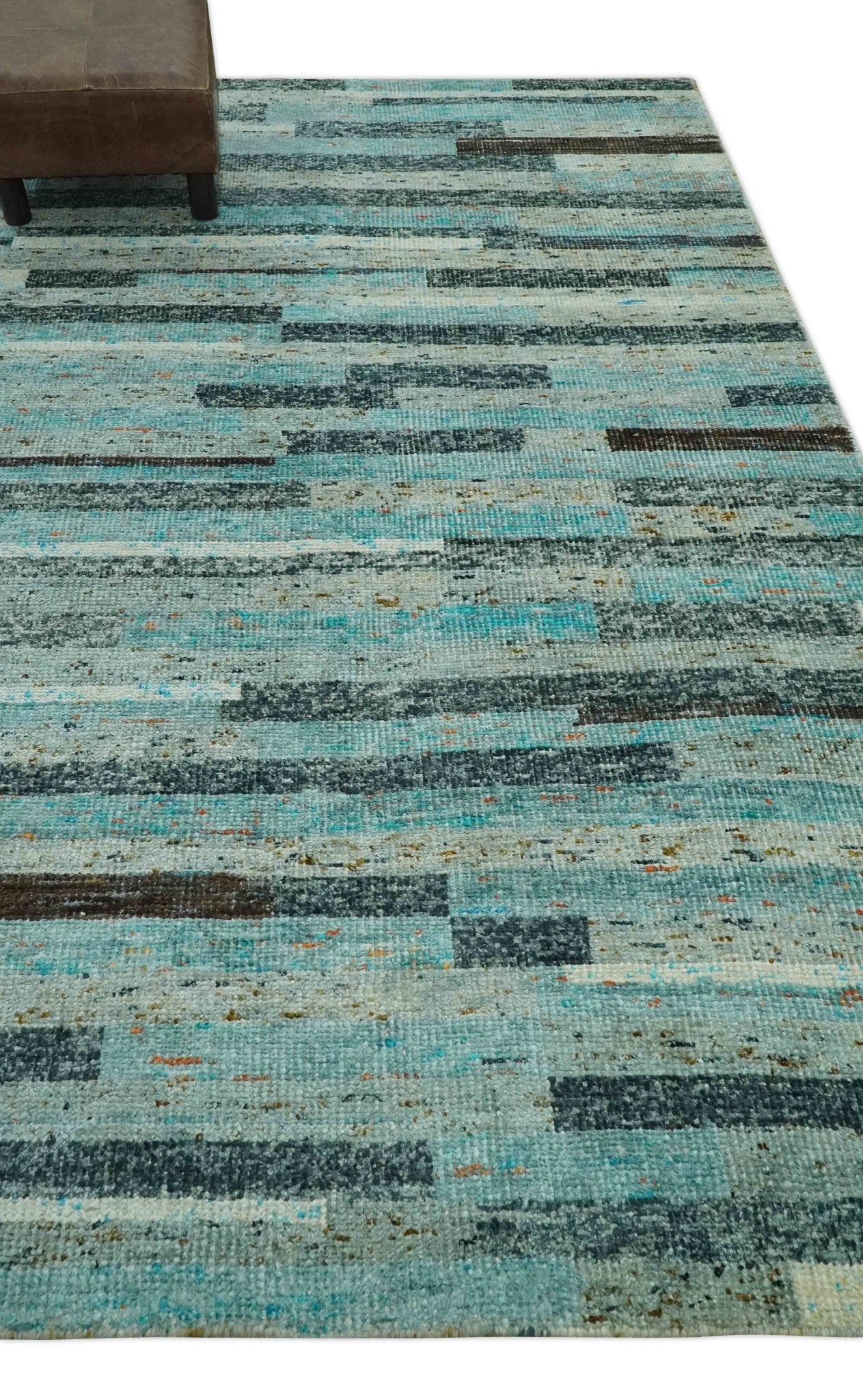 5x8 Modern Geomatical Aqua, Gray and Silver Stripes Design Hand Knotted wool Rug - Image 3