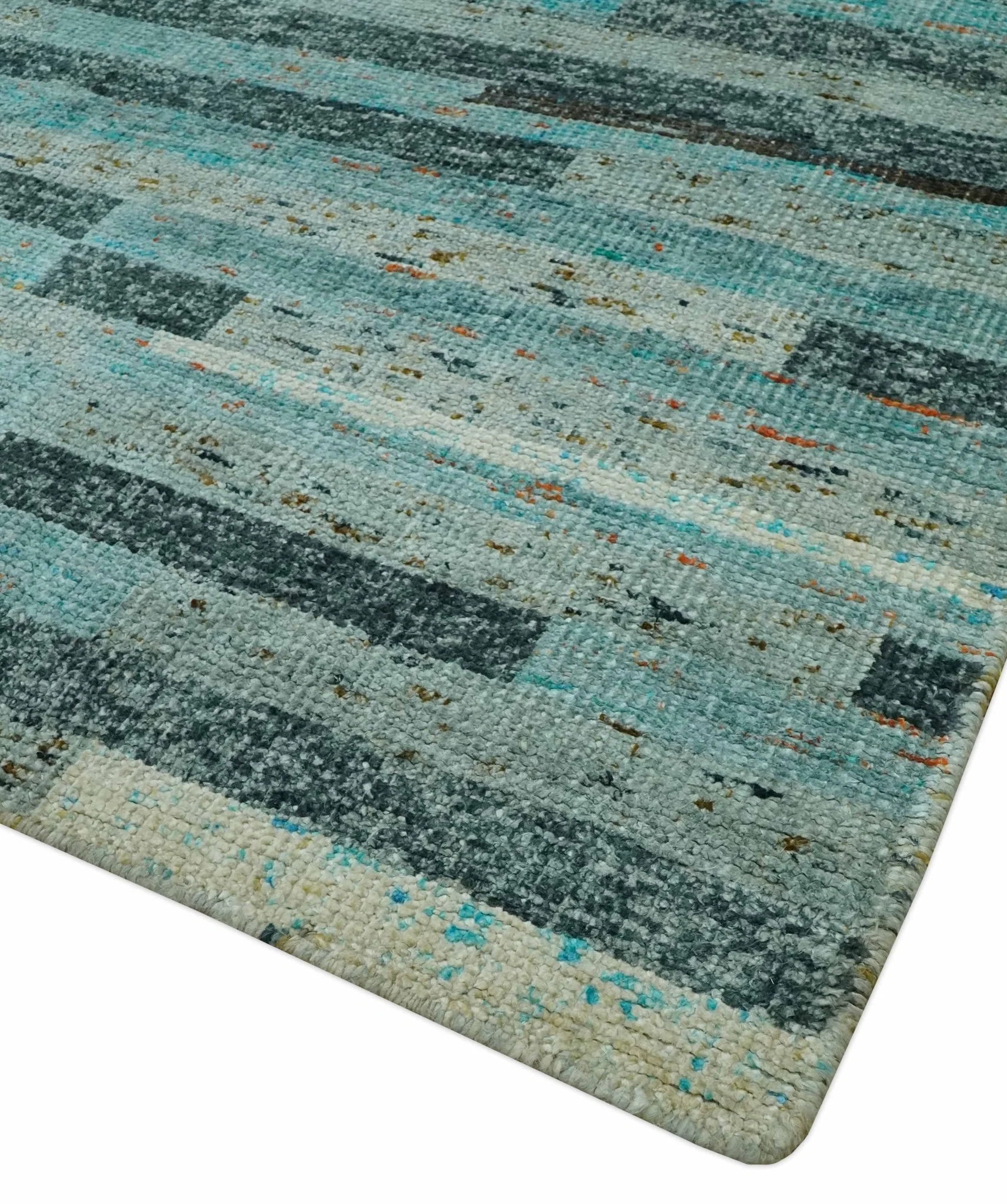 5x8 Modern Geomatical Aqua, Gray and Silver Stripes Design Hand Knotted wool Rug - Image 5