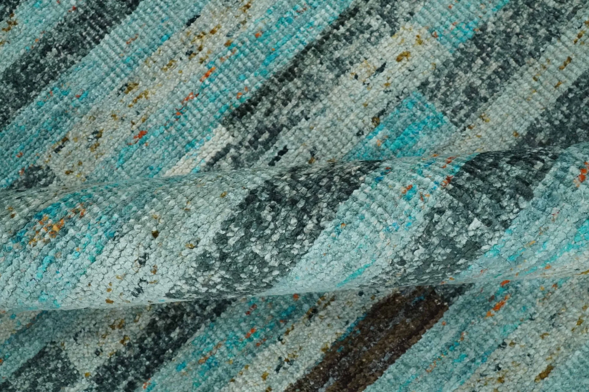 5x8 Modern Geomatical Aqua, Gray and Silver Stripes Design Hand Knotted wool Rug - Image 6