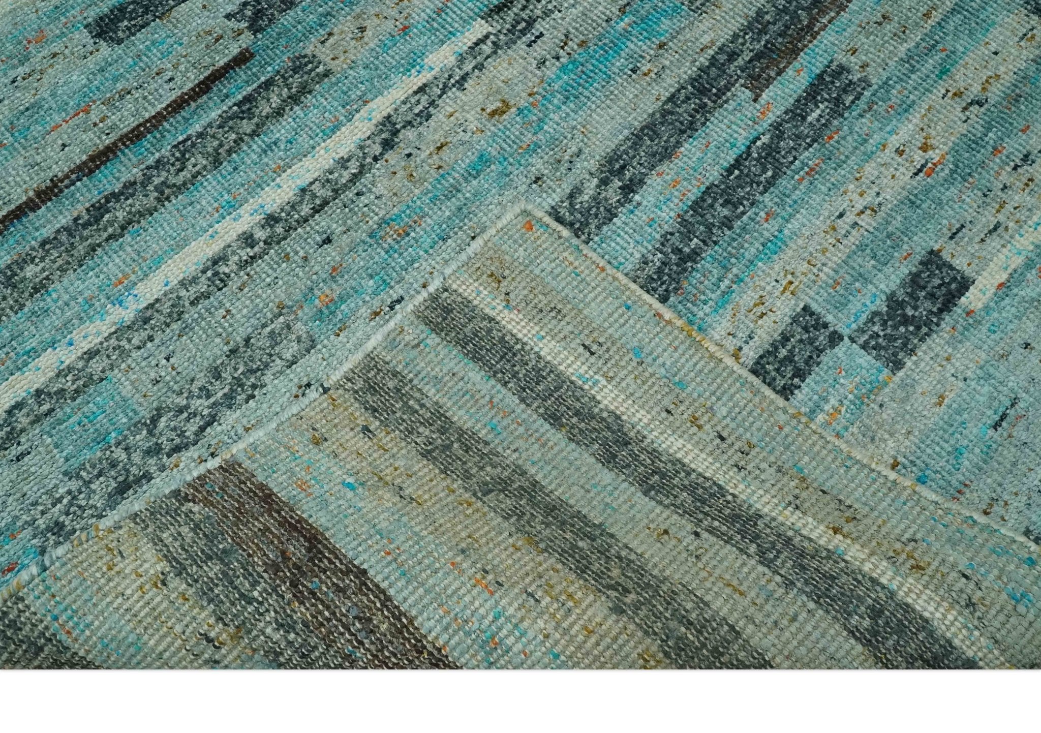 5x8 Modern Geomatical Aqua, Gray and Silver Stripes Design Hand Knotted wool Rug - Image 7