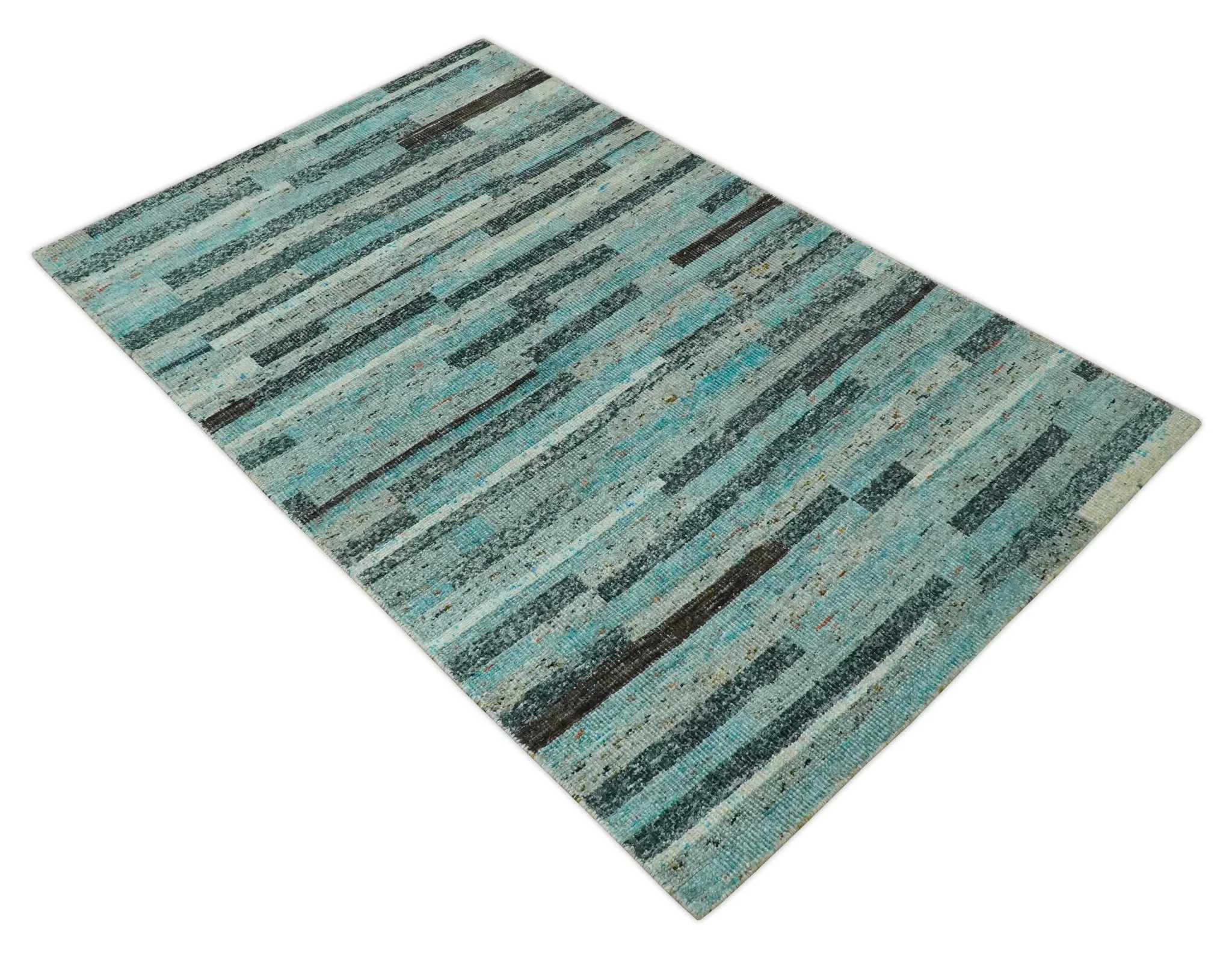5x8 Modern Geomatical Aqua, Gray and Silver Stripes Design Hand Knotted wool Rug - Image 9