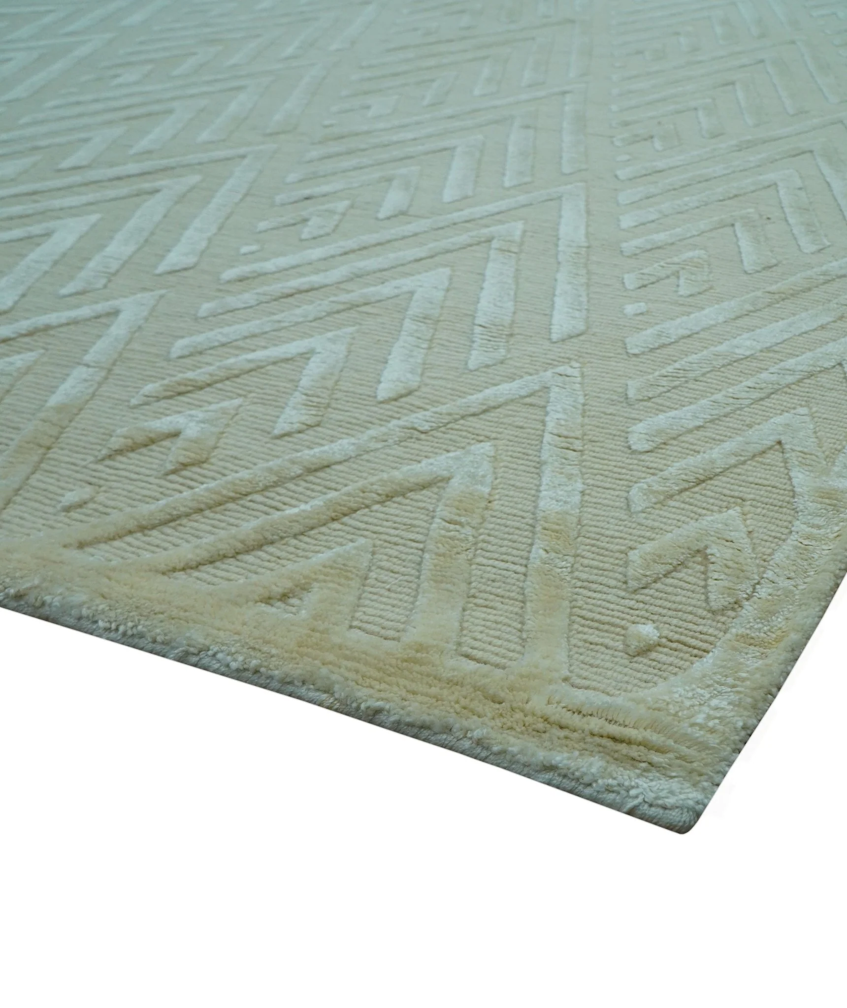 Modern Geometric Pattern Ivory And Beige Hand Knotted 9x12 Area Rug - Image 3