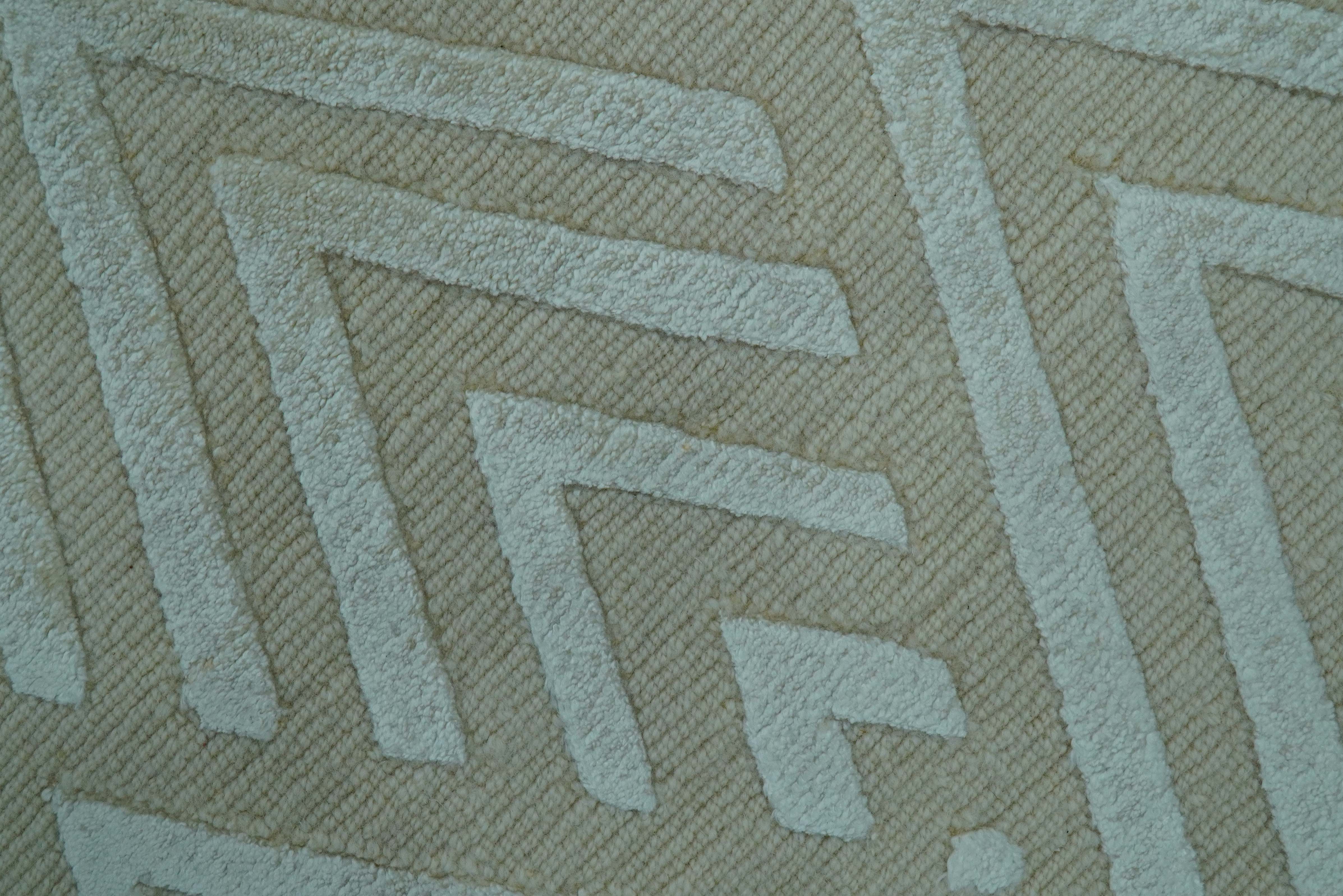 Modern Geometric Pattern Ivory And Beige Hand Knotted 9x12 Area Rug - Image 6