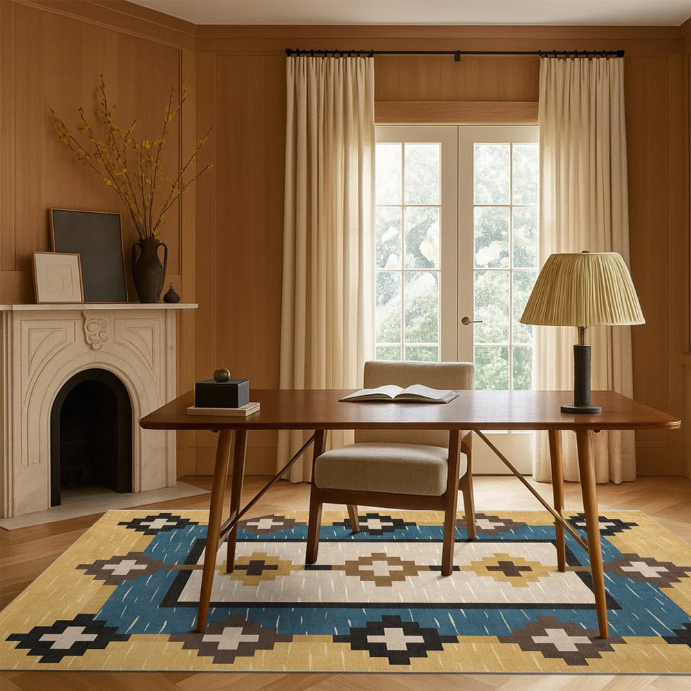 Modern Geometrical Beige And Blue Machine Washable Cotton Area Rug - Image 2