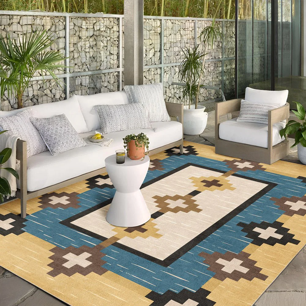 Modern Geometrical Beige And Blue Machine Washable Cotton Area Rug - Image 3