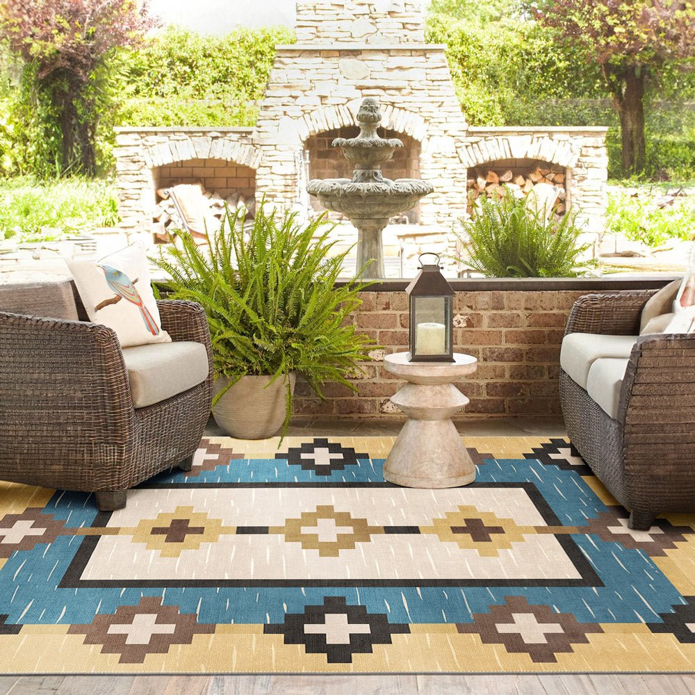 Modern Geometrical Beige And Blue Machine Washable Cotton Area Rug - Image 4