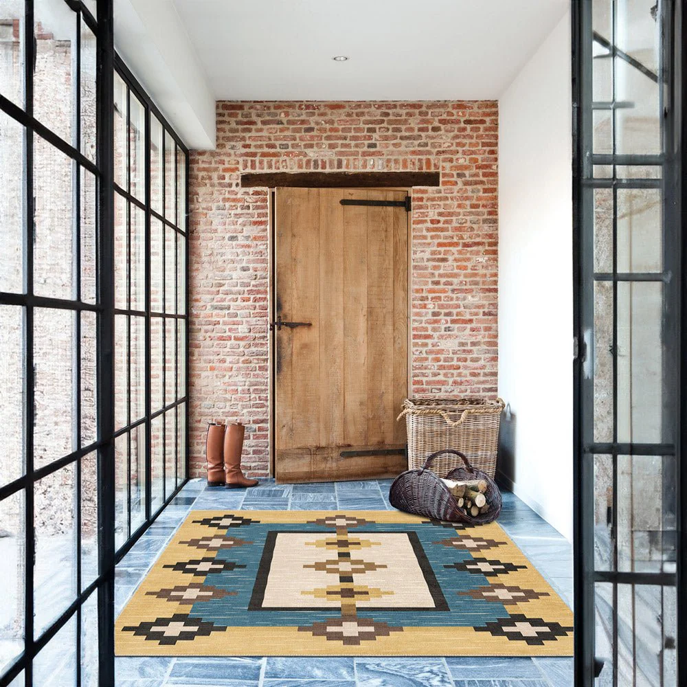 Modern Geometrical Beige And Blue Machine Washable Cotton Area Rug - Image 5