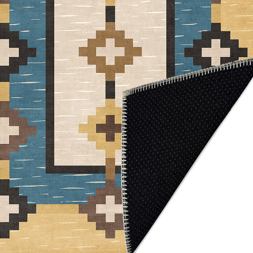 Modern Geometrical Beige And Blue Machine Washable Cotton Area Rug - Image 6