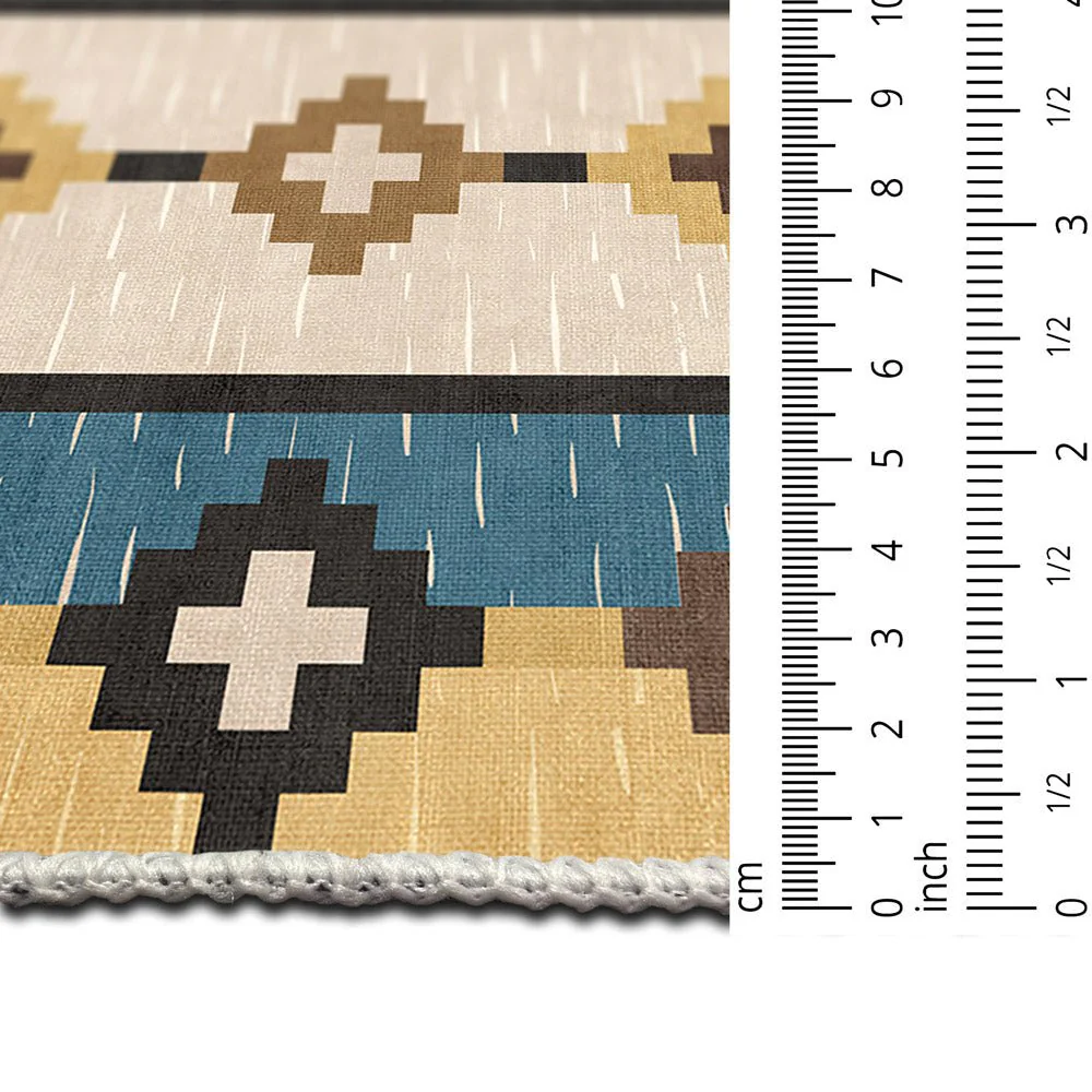 Modern Geometrical Beige And Blue Machine Washable Cotton Area Rug - Image 7