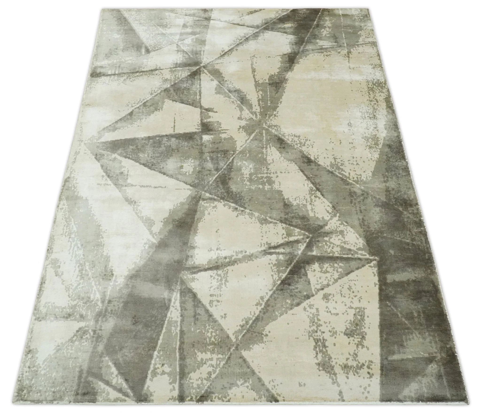 Modern Geometrical Diamond Cut Design Beige and Gray 5x8 Hand loom Viscose Area Rug - Image 11