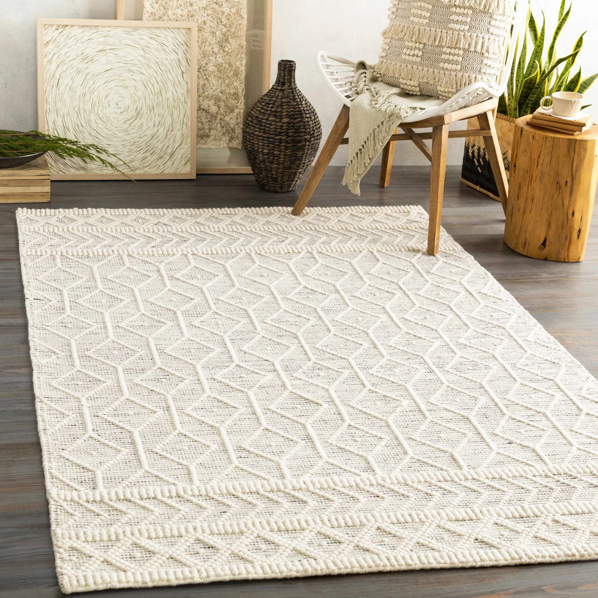 Modern Geometrical Beige Hand woven Tasseled Texture Wool Area Rug - Image 2