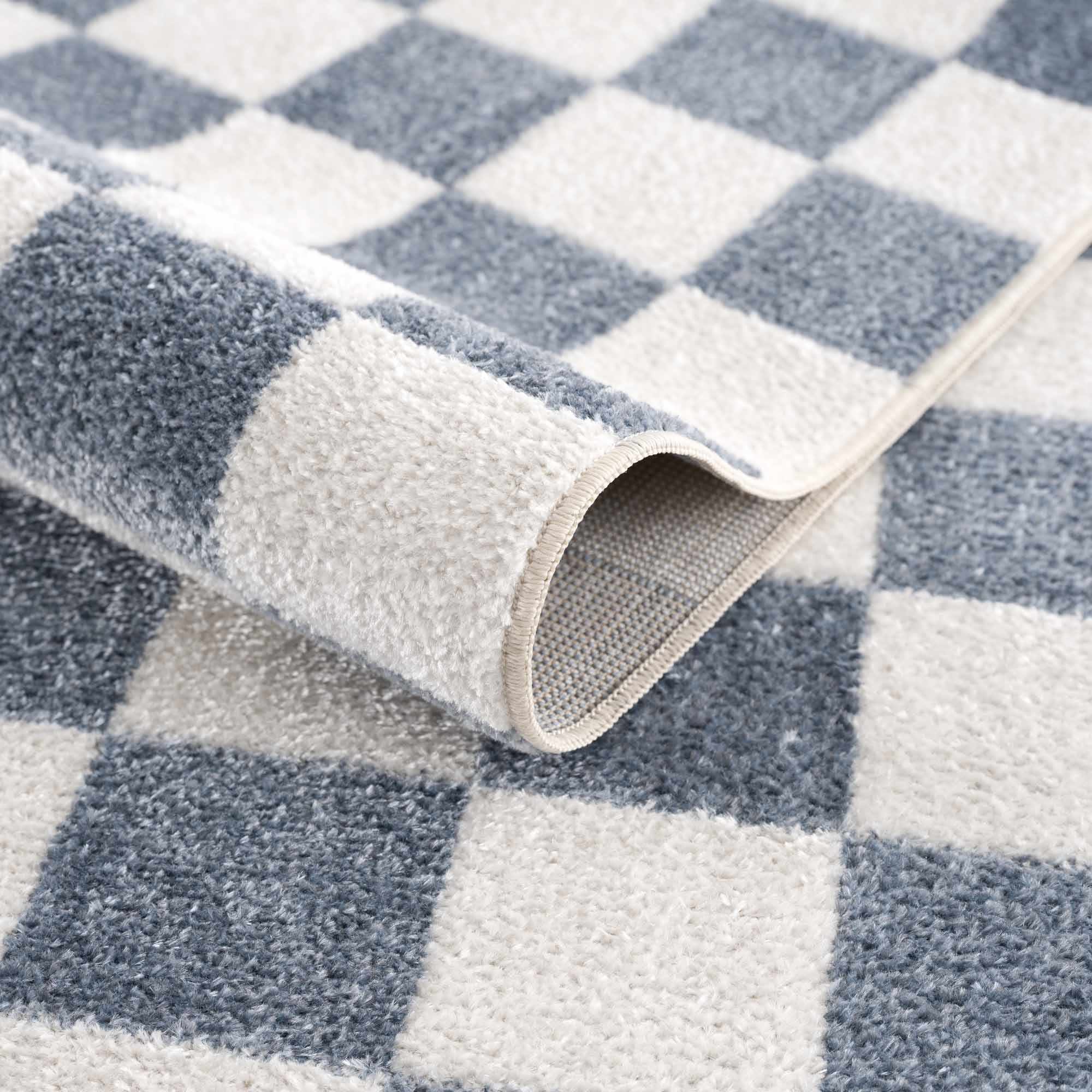 Modern Geometrical Checkered Blue and Ivory Check Board Washable Area Rug - Image 10