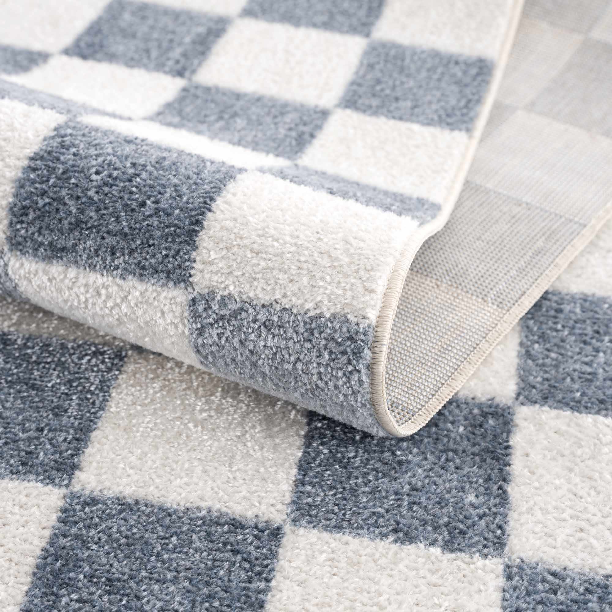 Modern Geometrical Checkered Blue and Ivory Check Board Washable Area Rug - Image 11