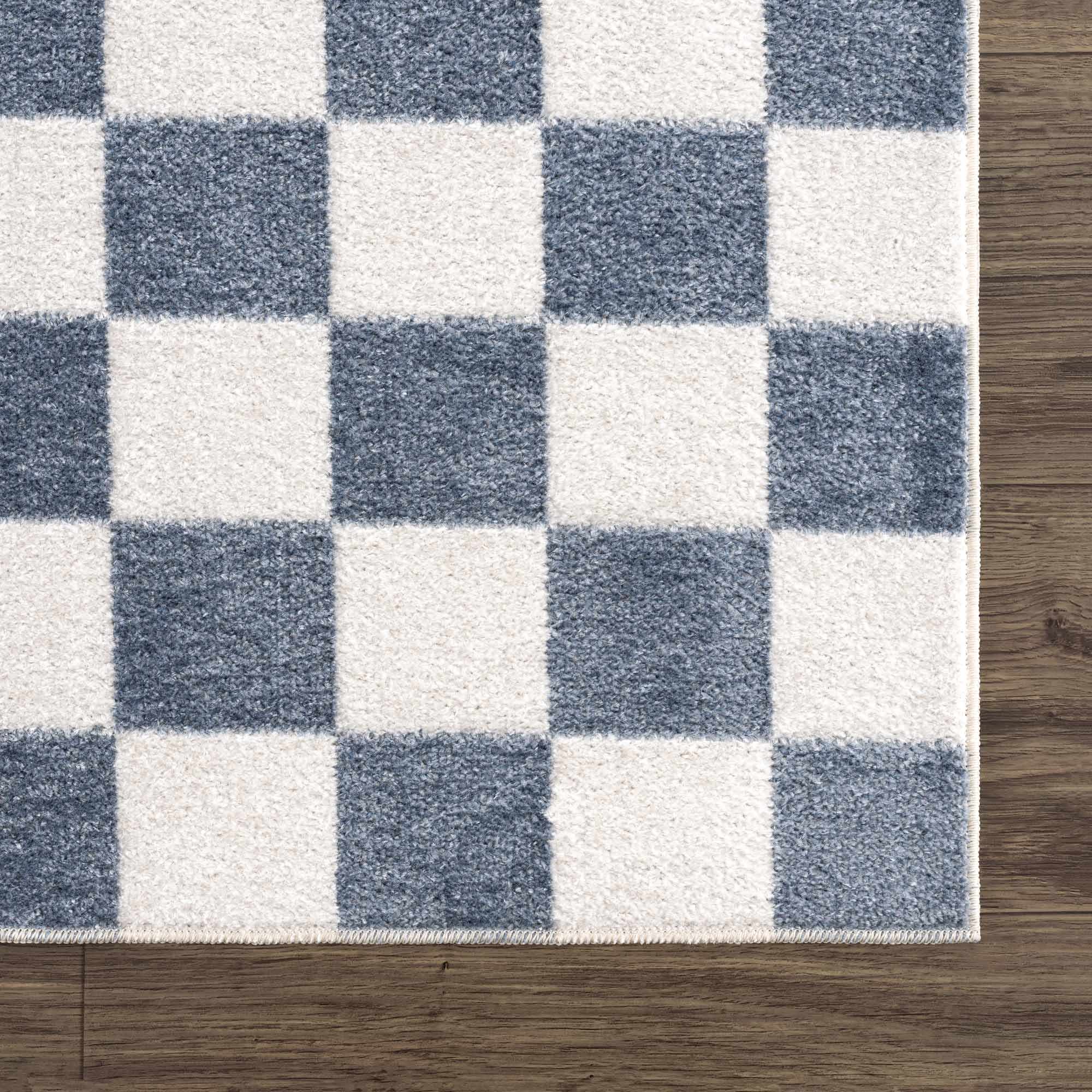 Modern Geometrical Checkered Blue and Ivory Check Board Washable Area Rug - Image 12
