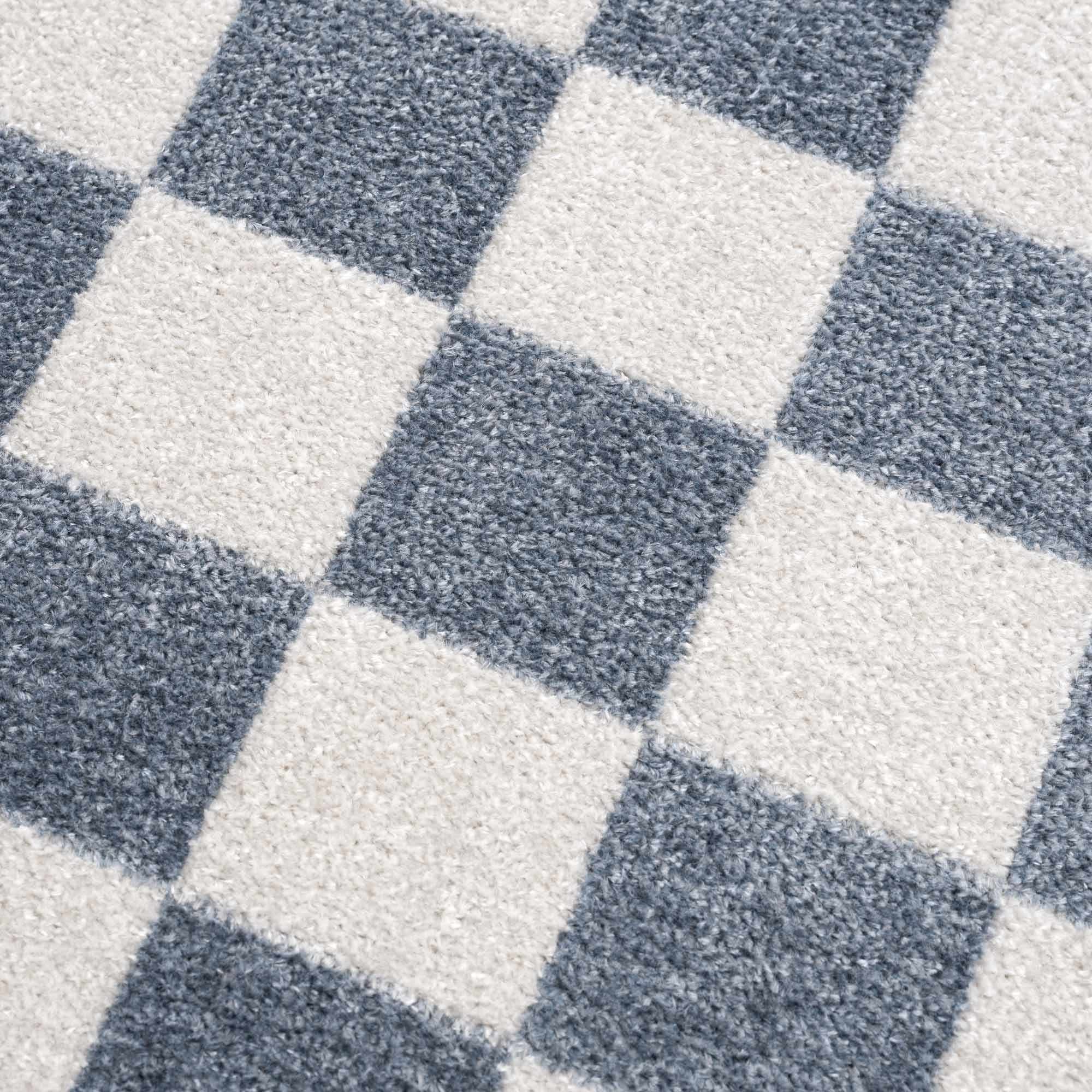 Modern Geometrical Checkered Blue and Ivory Check Board Washable Area Rug - Image 14