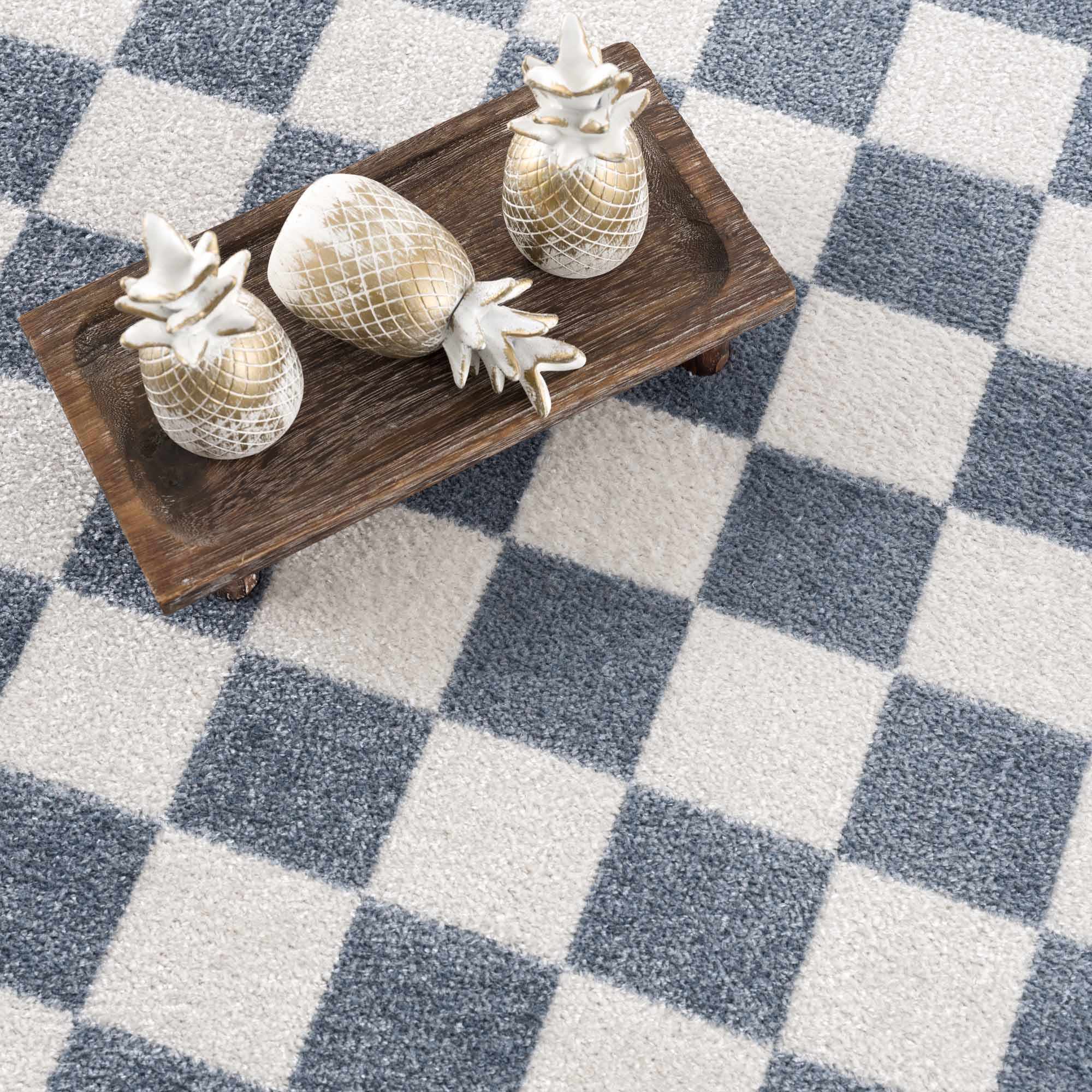 Modern Geometrical Checkered Blue and Ivory Check Board Washable Area Rug - Image 15