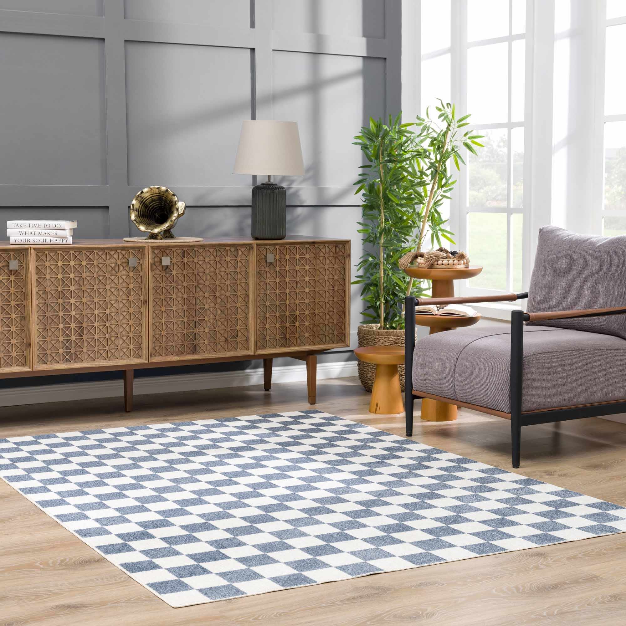 Modern Geometrical Checkered Blue and Ivory Check Board Washable Area Rug - Image 17