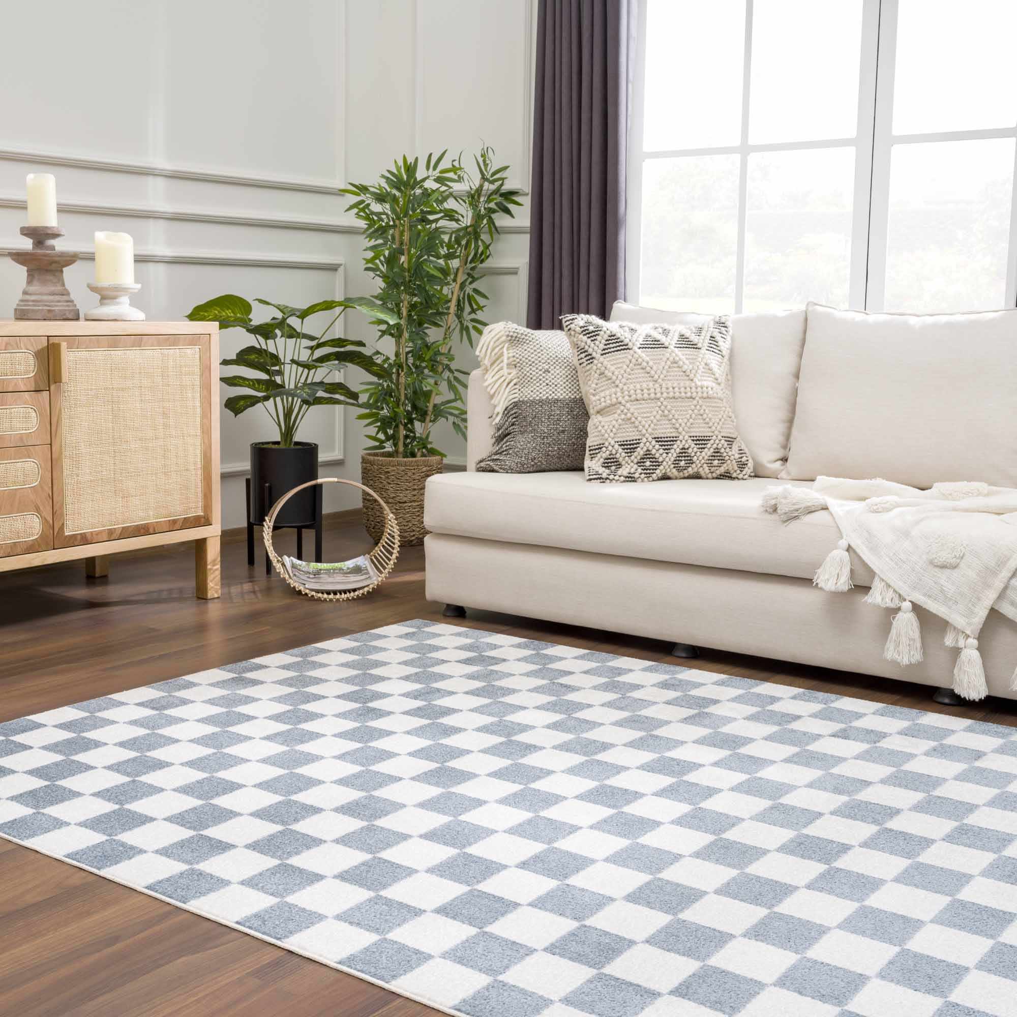 Modern Geometrical Checkered Blue and Ivory Check Board Washable Area Rug - Image 18