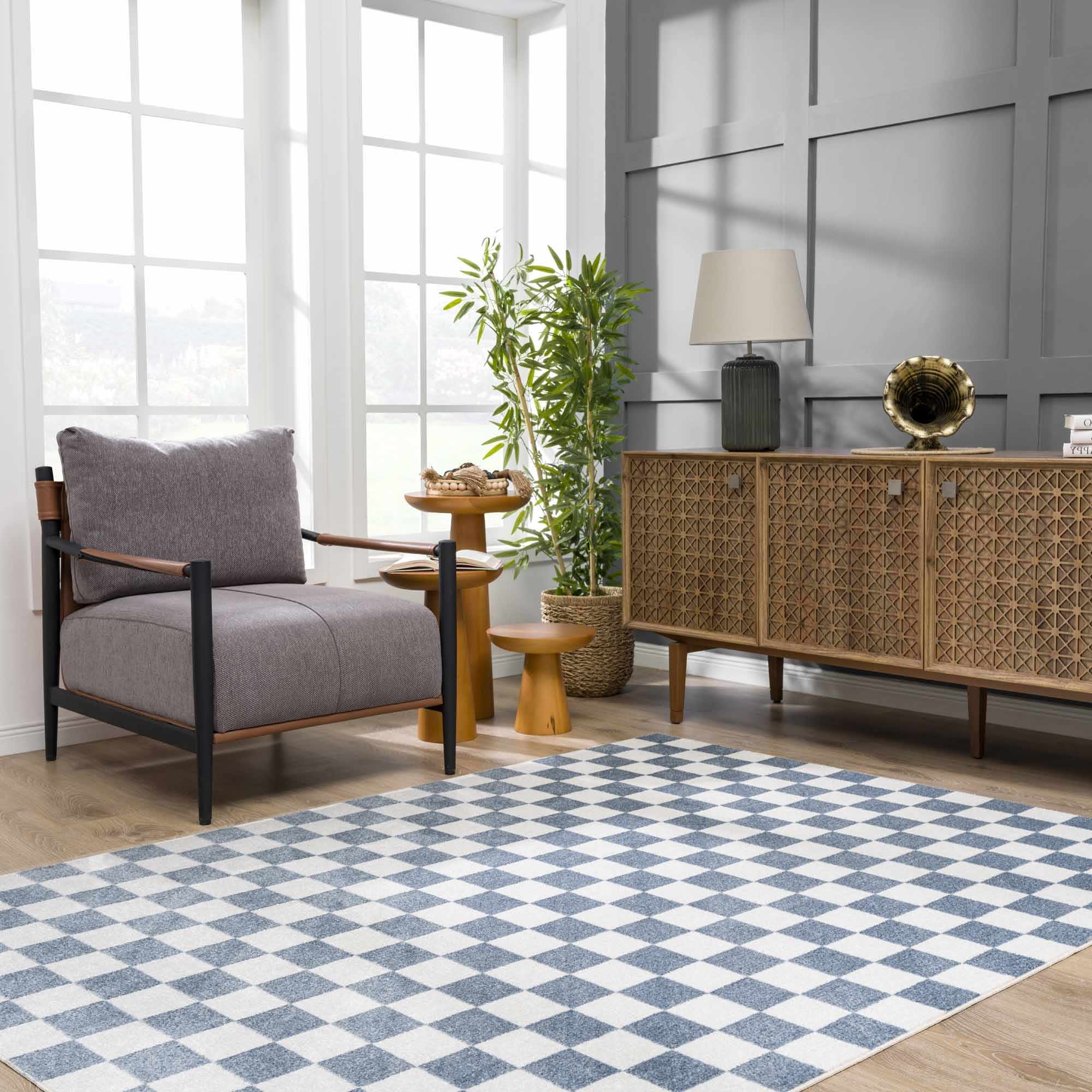 Modern Geometrical Checkered Blue and Ivory Check Board Washable Area Rug - Image 19
