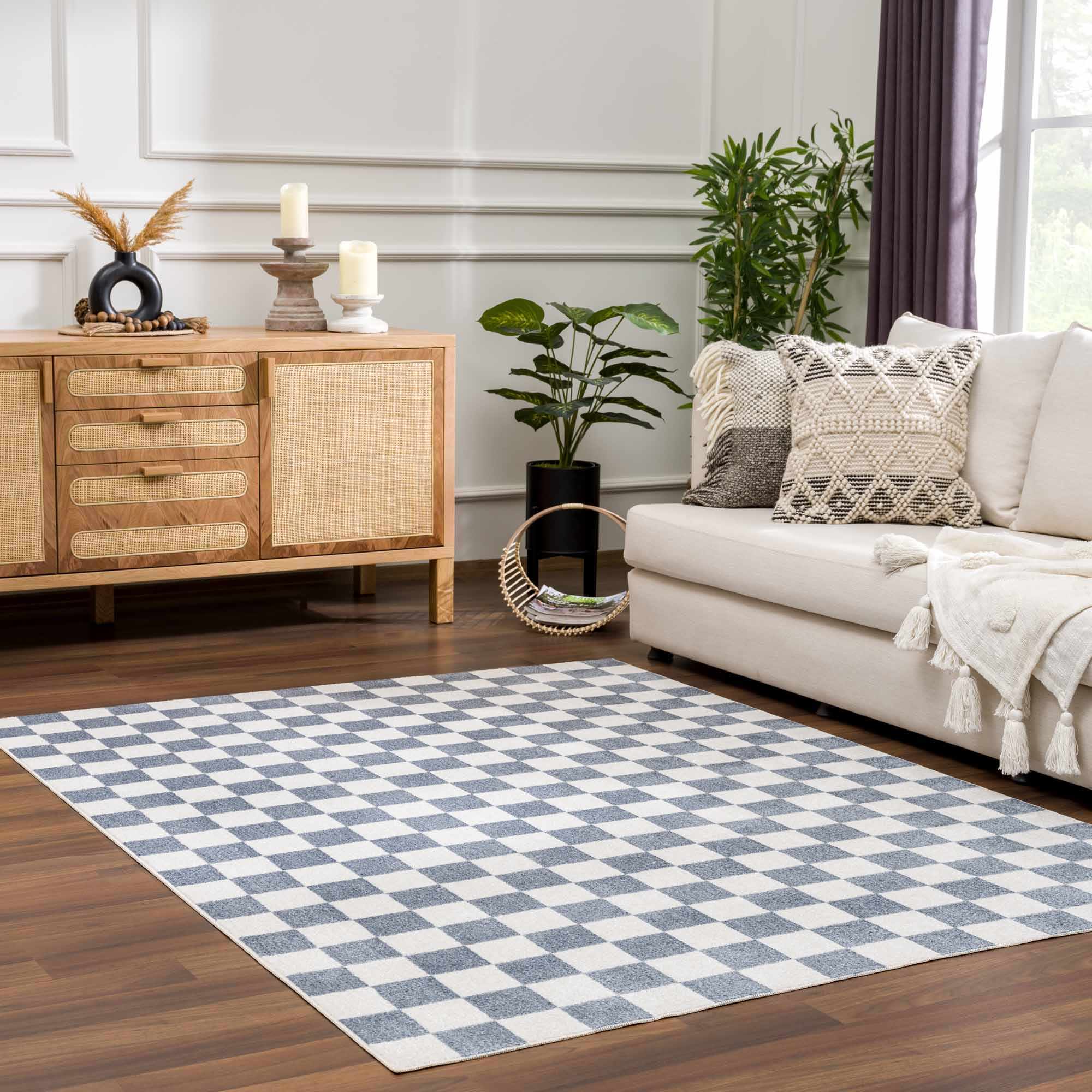 Modern Geometrical Checkered Blue and Ivory Check Board Washable Area Rug - Image 3