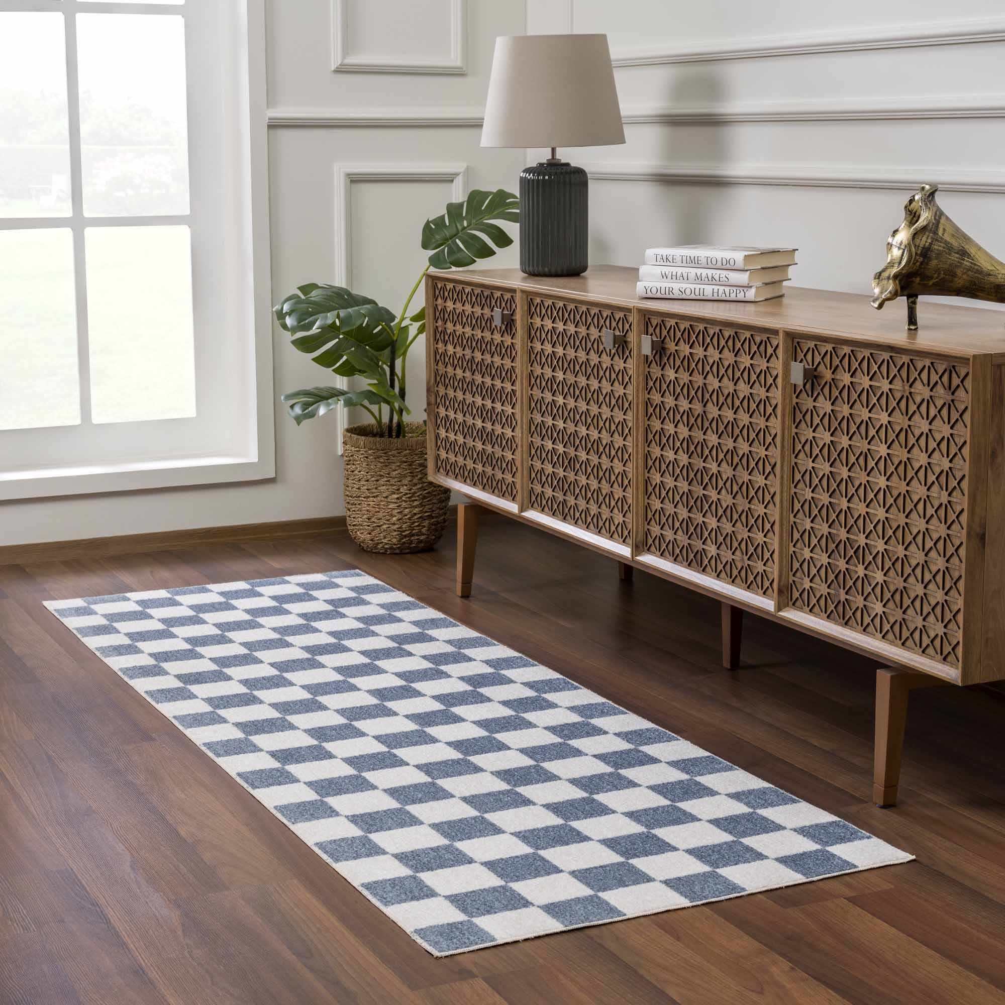 Modern Geometrical Checkered Blue and Ivory Check Board Washable Area Rug - Image 4