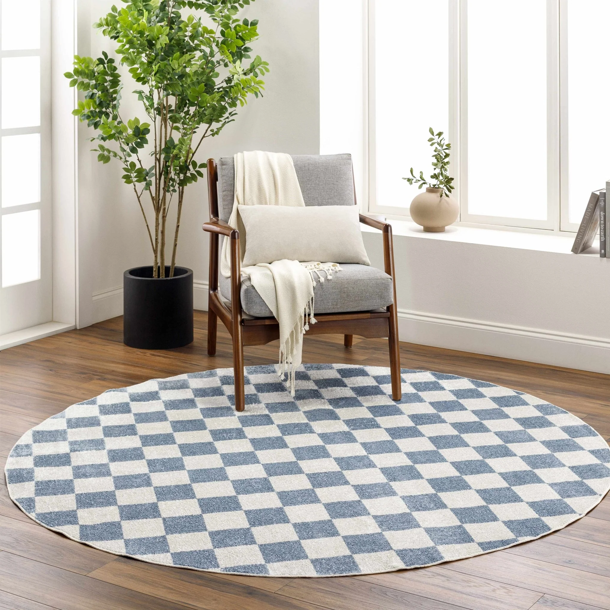 Modern Geometrical Checkered Blue and Ivory Check Board Washable Area Rug - Image 5