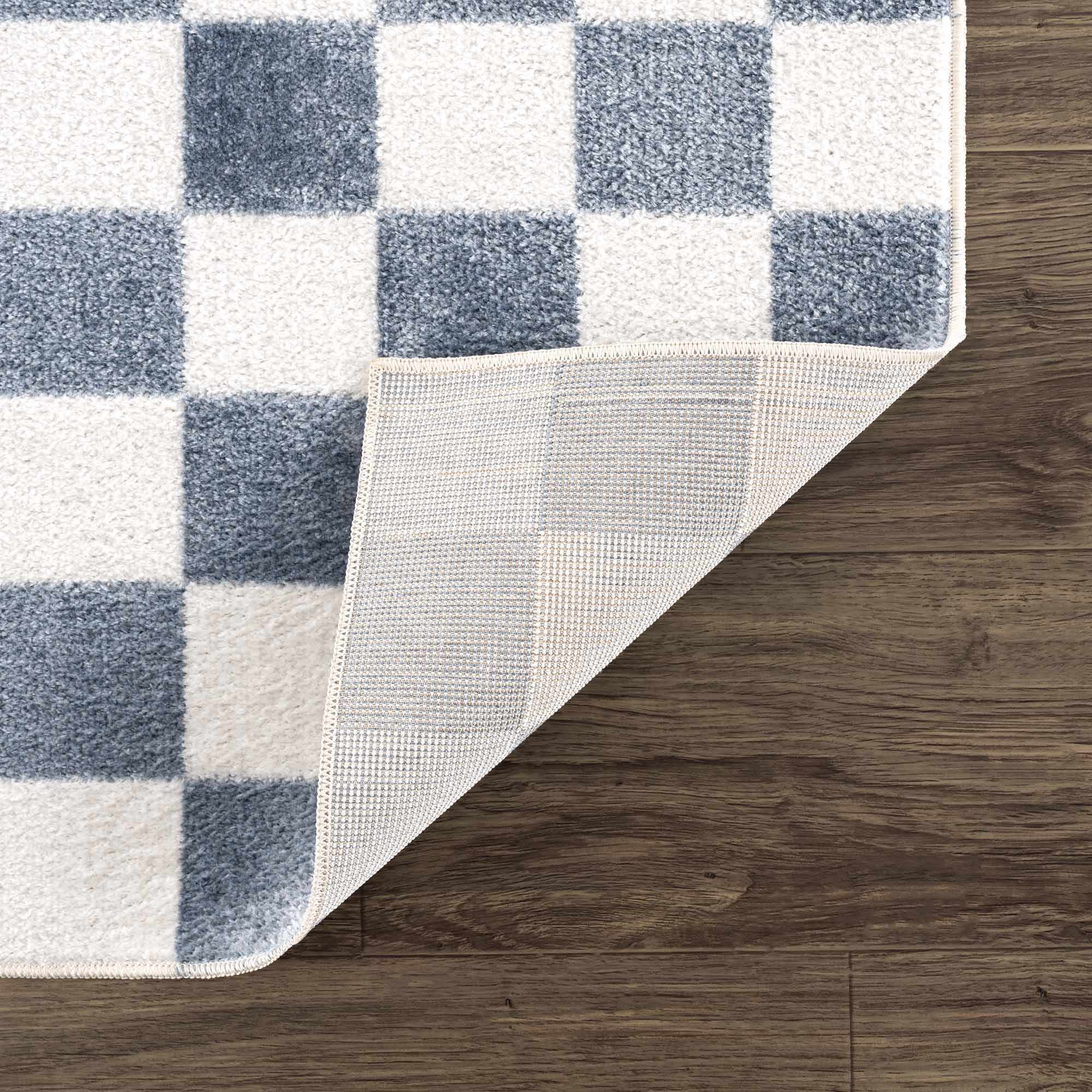 Modern Geometrical Checkered Blue and Ivory Check Board Washable Area Rug - Image 7