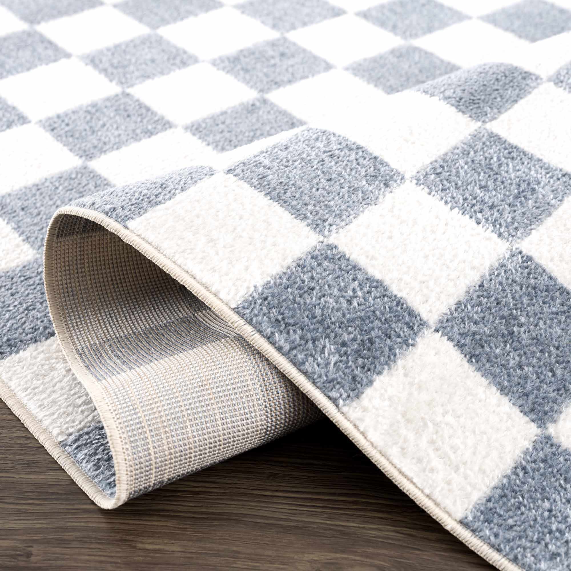 Modern Geometrical Checkered Blue and Ivory Check Board Washable Area Rug - Image 8