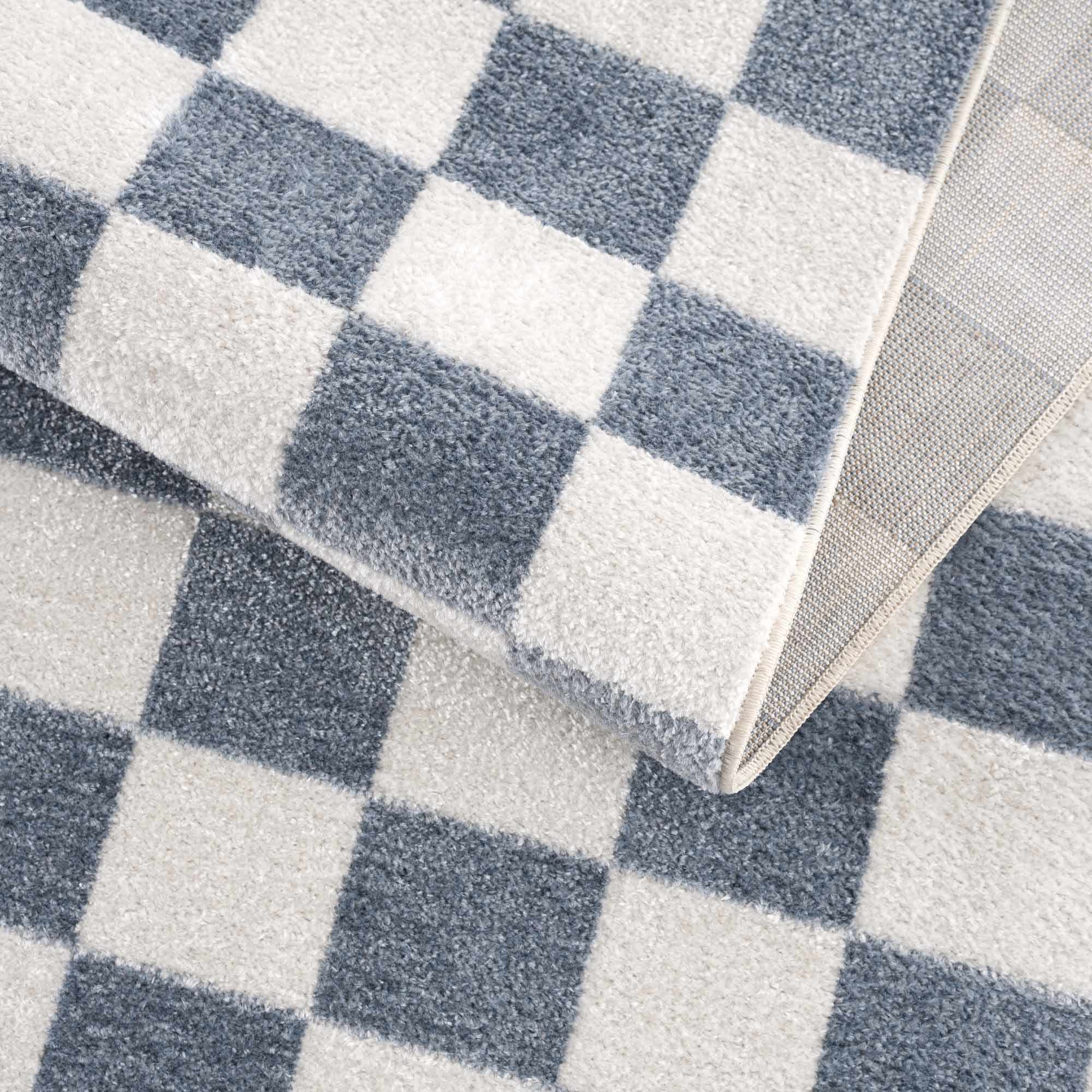 Modern Geometrical Checkered Blue and Ivory Check Board Washable Area Rug - Image 9