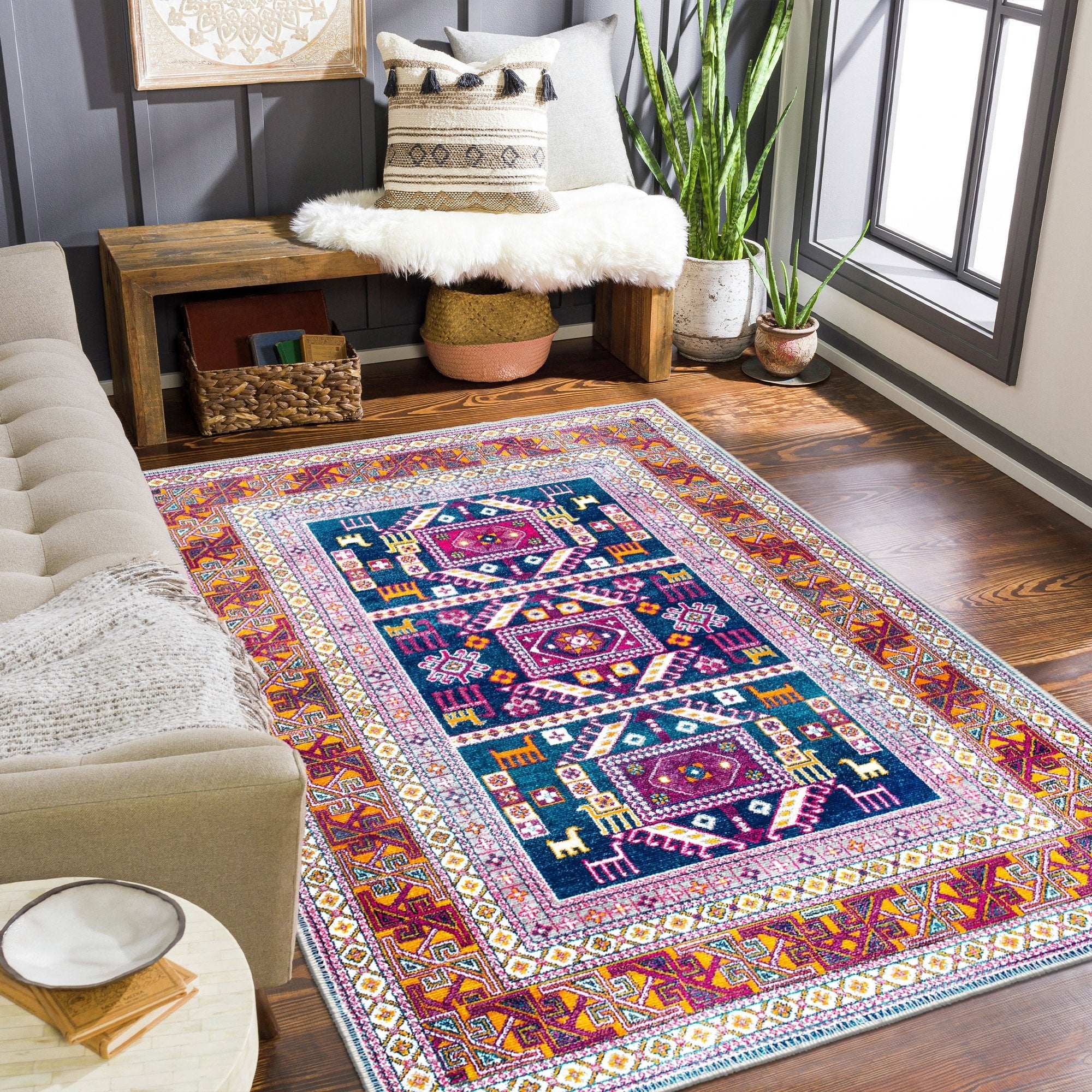 Modern Geometrical Blue And Rust Machine Washable Rug - Image 2