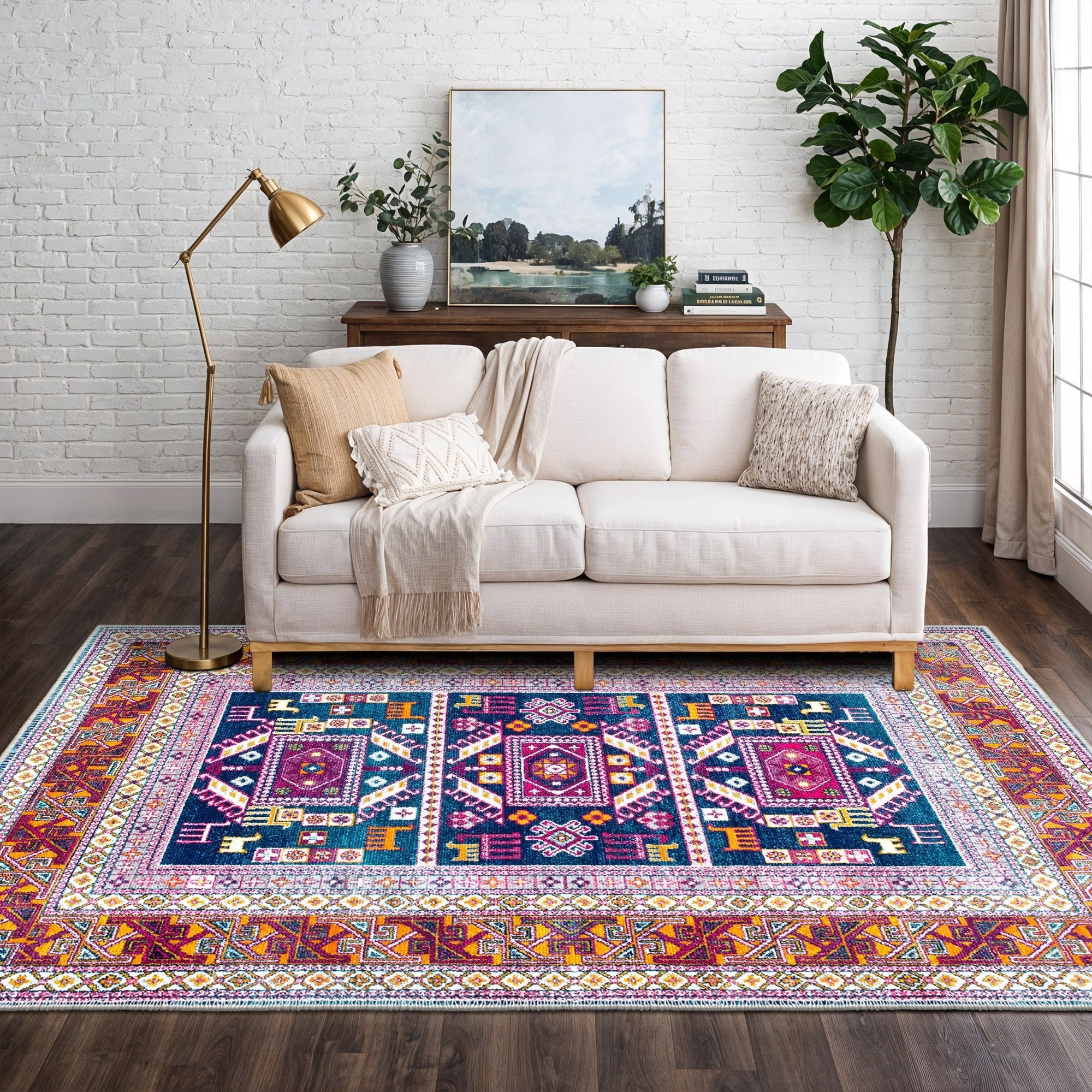 Modern Geometrical Blue And Rust Machine Washable Rug - Image 3
