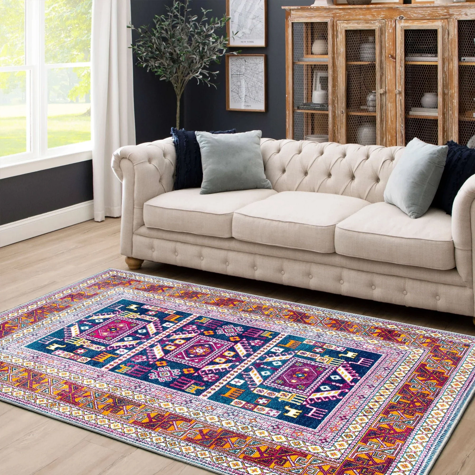 Modern Geometrical Blue And Rust Machine Washable Rug - Image 4