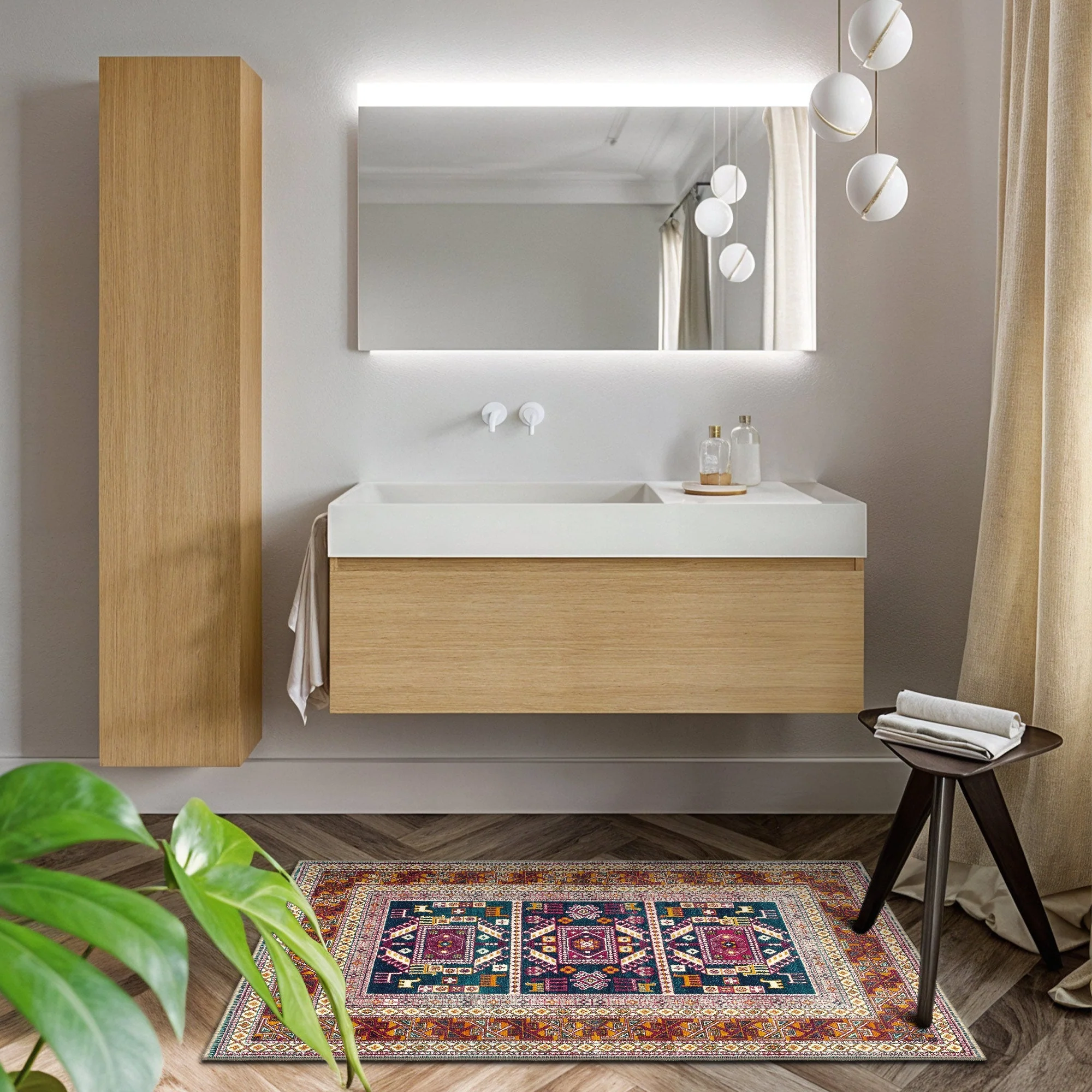 Modern Geometrical Blue And Rust Machine Washable Rug - Image 5