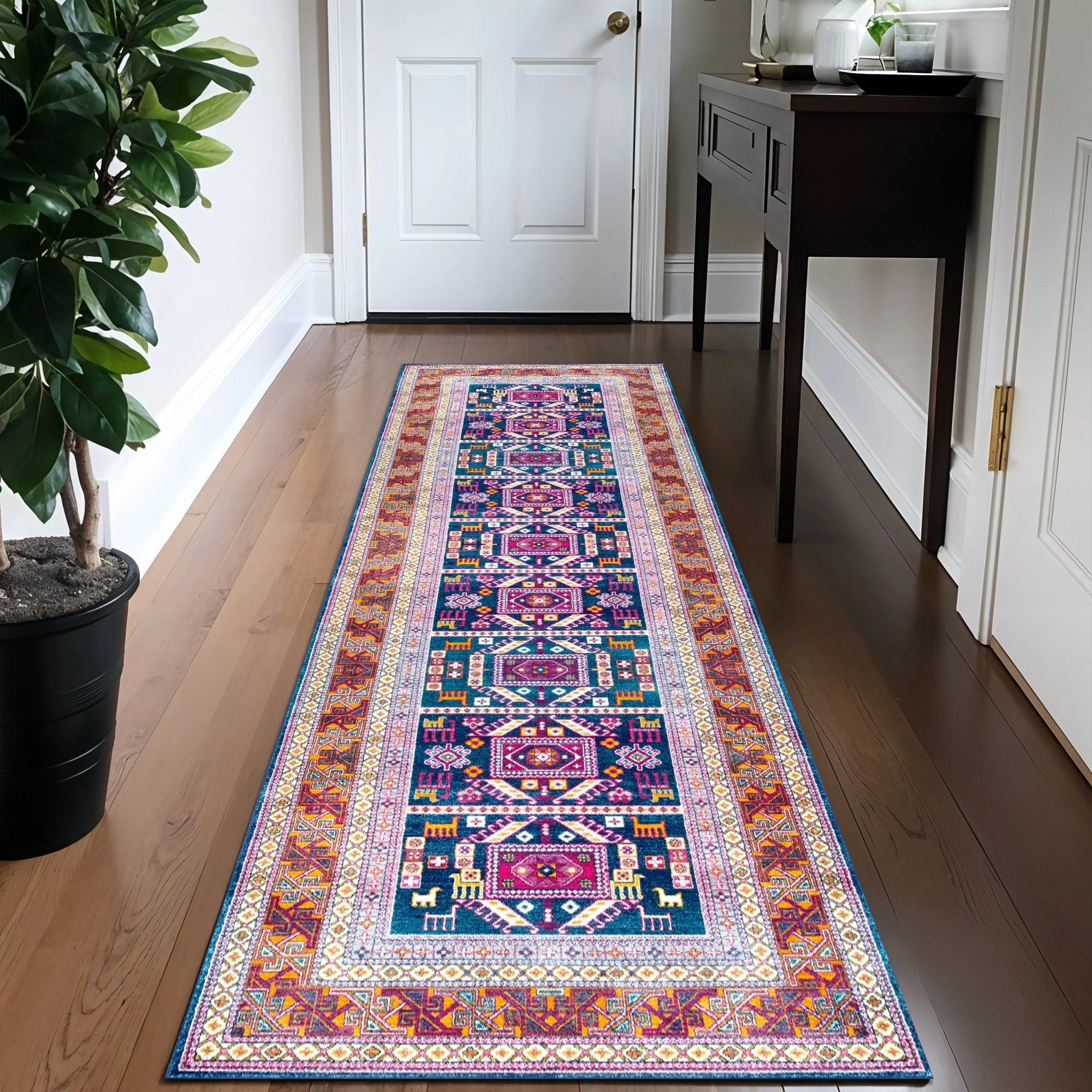 Modern Geometrical Blue And Rust Machine Washable Rug - Image 6
