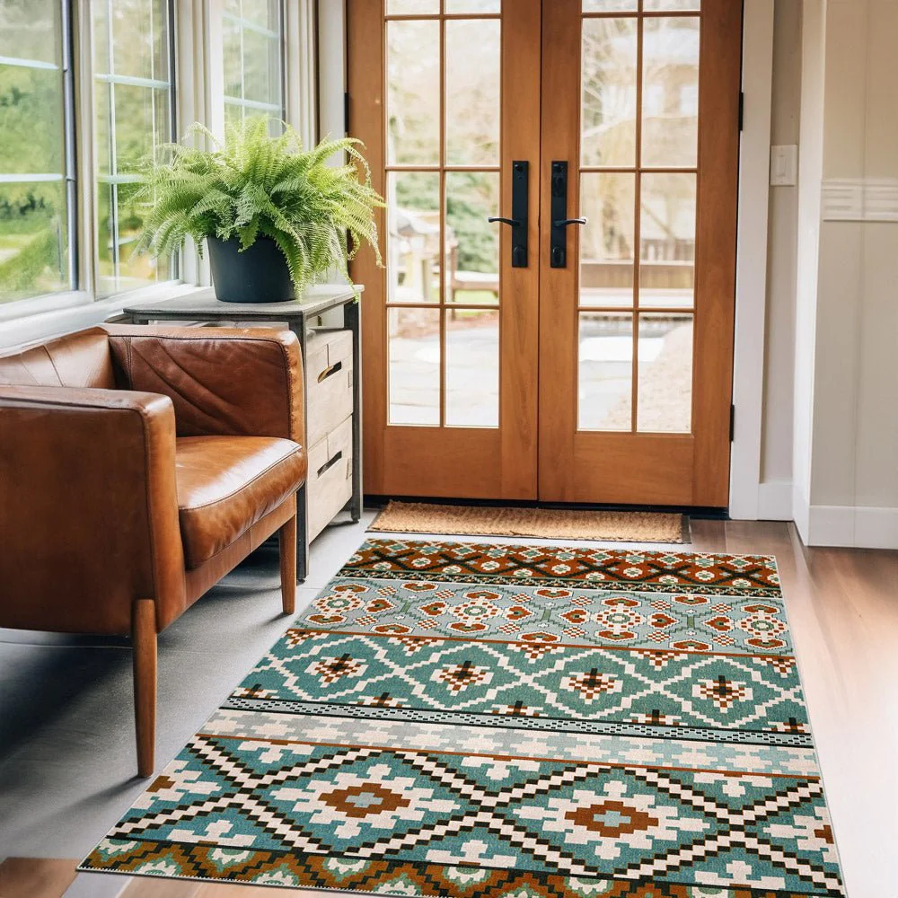 Modern Geometrical Blue Machine Washable Cotton Area Rug - Image 2