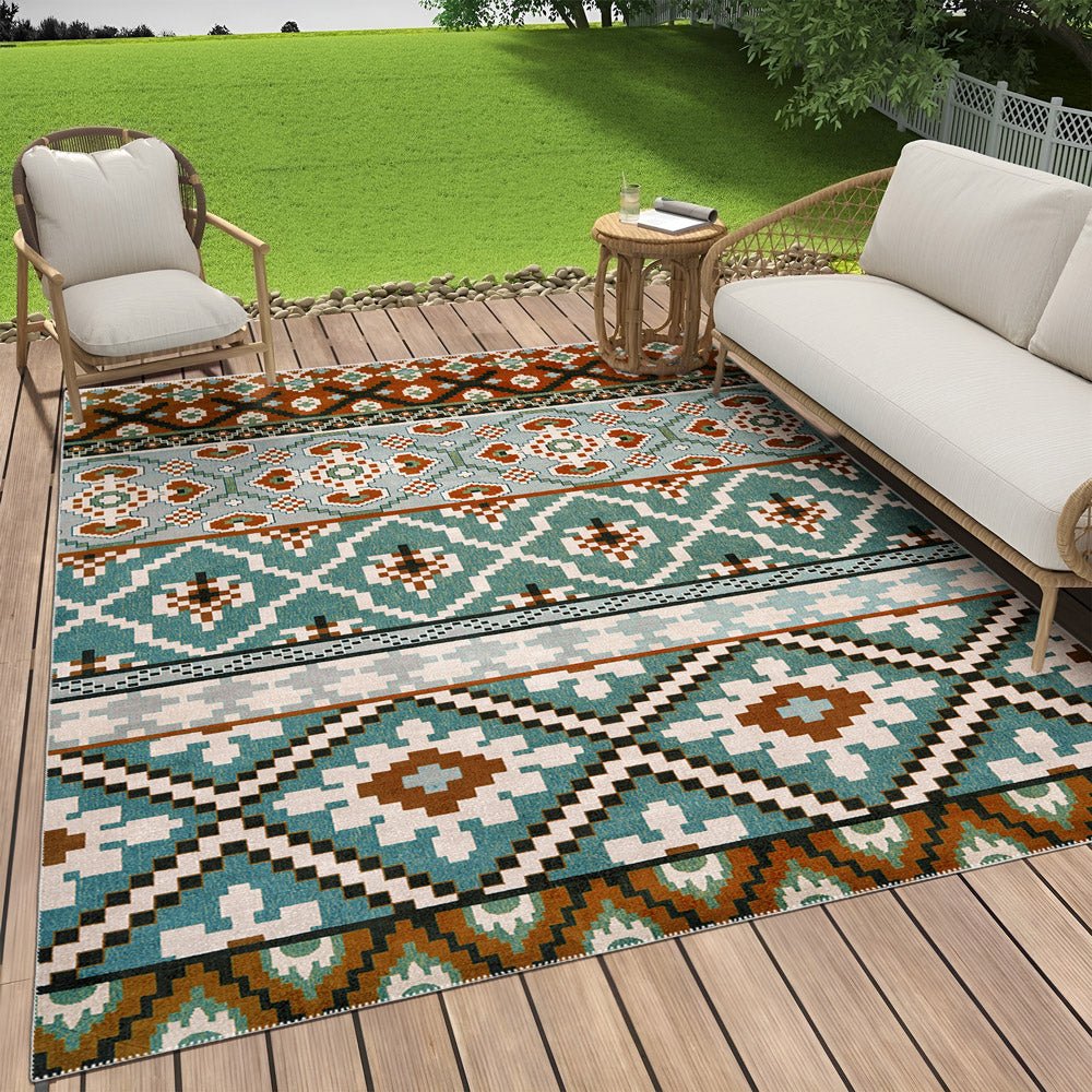 Modern Geometrical Blue Machine Washable Cotton Area Rug - Image 3