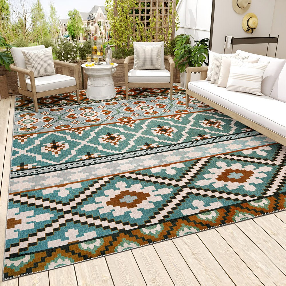 Modern Geometrical Blue Machine Washable Cotton Area Rug - Image 4