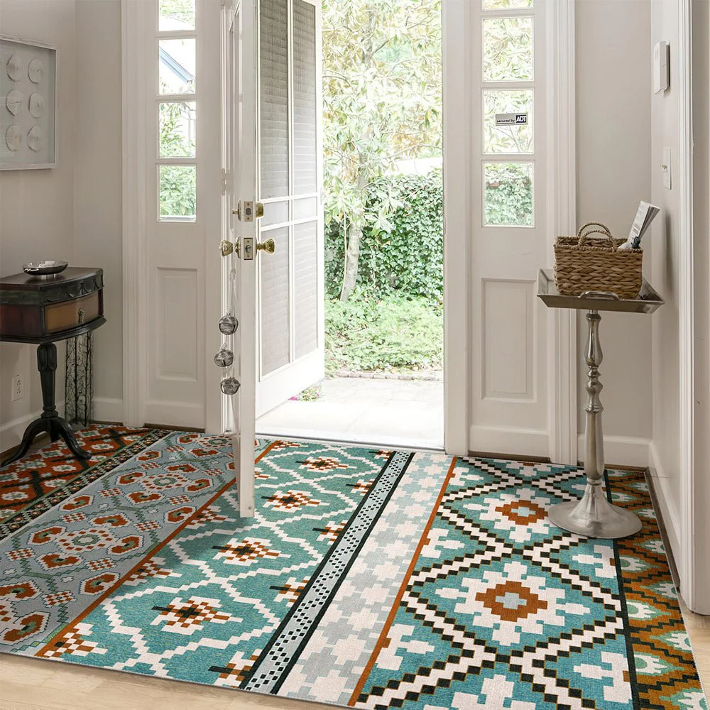 Modern Geometrical Blue Machine Washable Cotton Area Rug - Image 5