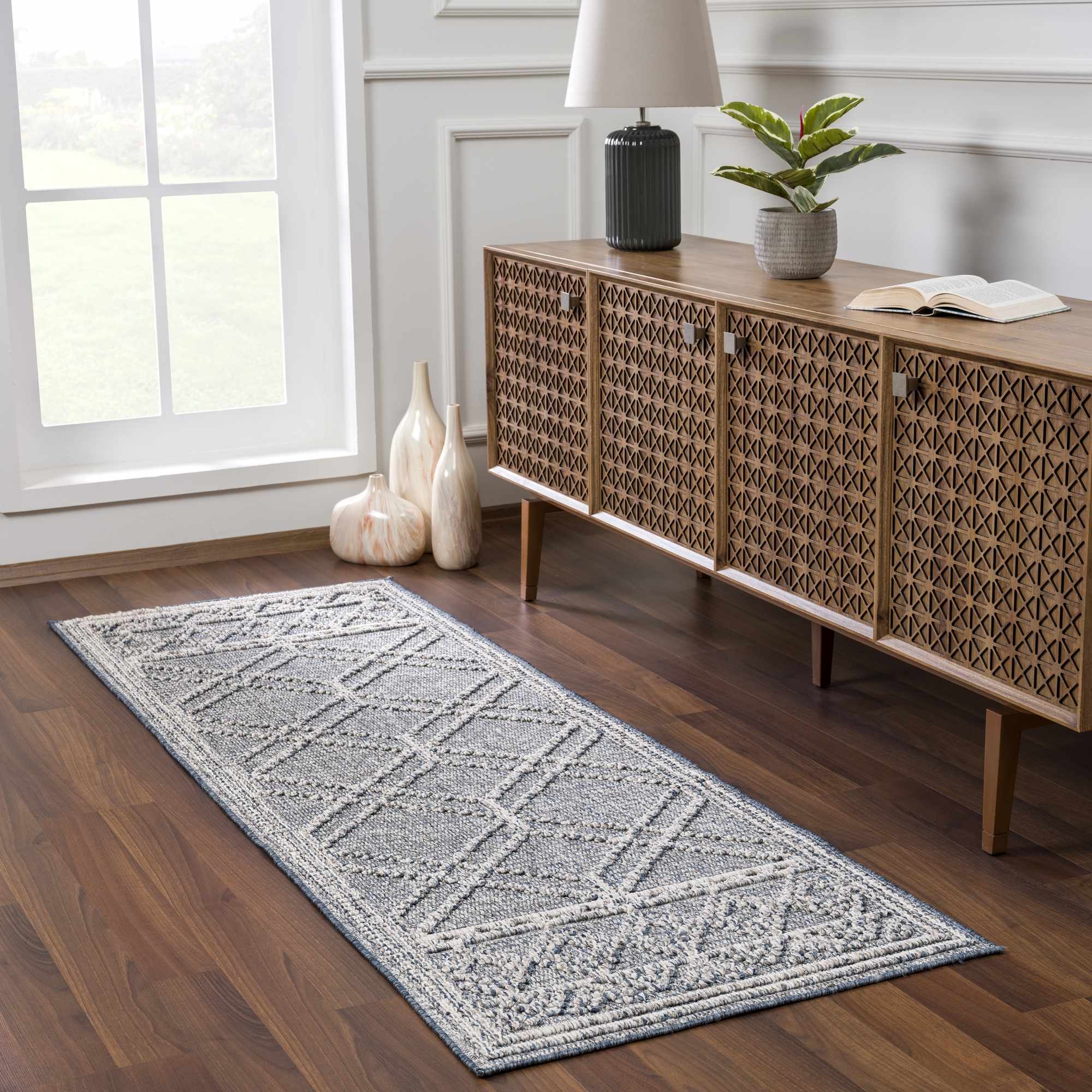 Modern Geometrical Carved Texture Gray and Ivory Outdoor Safe Area Rug - Image 4