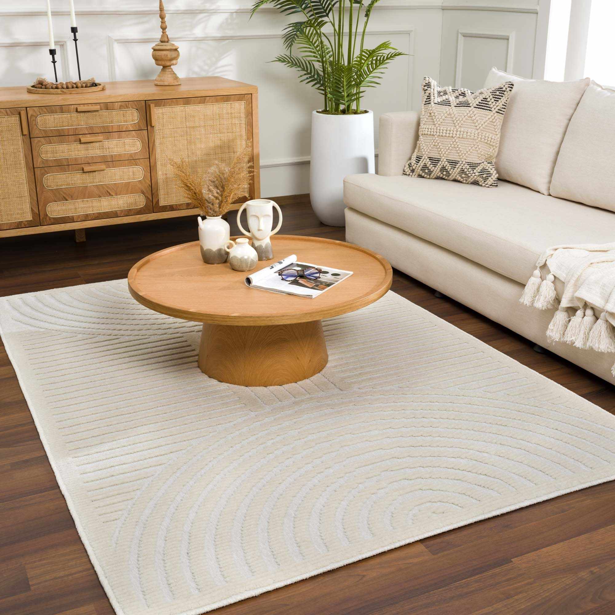 Modern Geometrical Arc Texture Ivory Washable Area Rug - Image 18