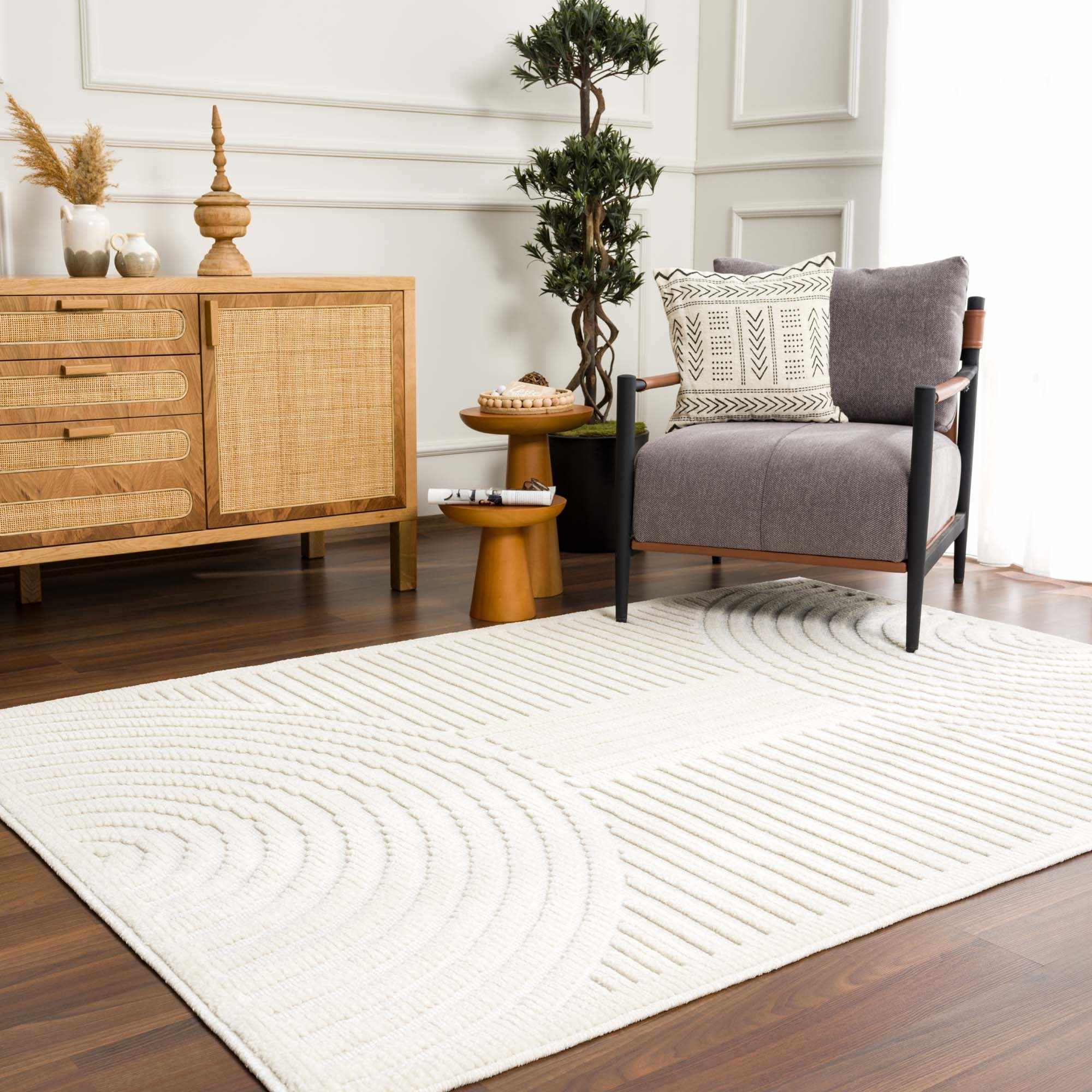 Modern Geometrical Arc Texture Ivory Washable Area Rug - Image 19