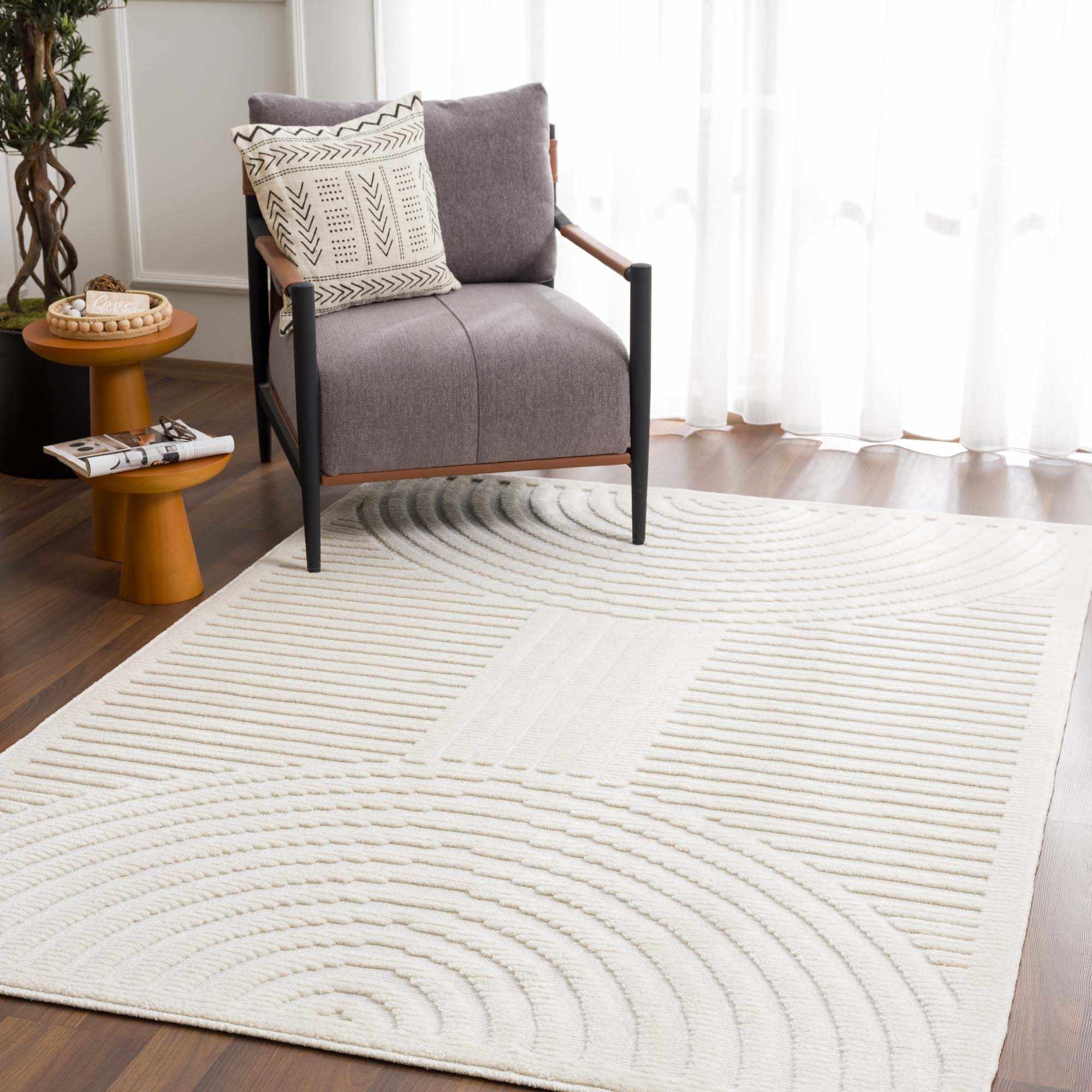 Modern Geometrical Arc Texture Ivory Washable Area Rug - Image 5