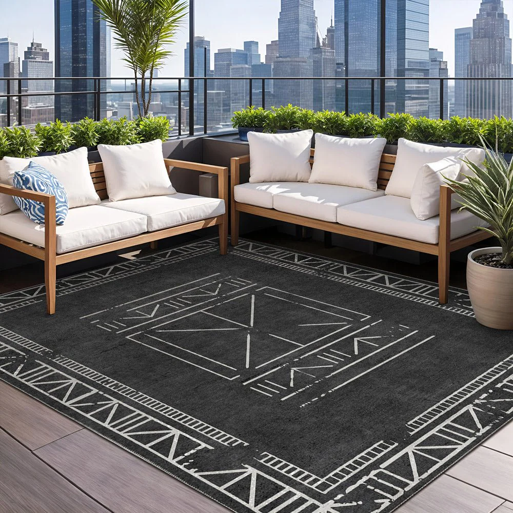 Modern Geometrical Charcoal Machine Washable Cotton Area Rug - Image 3