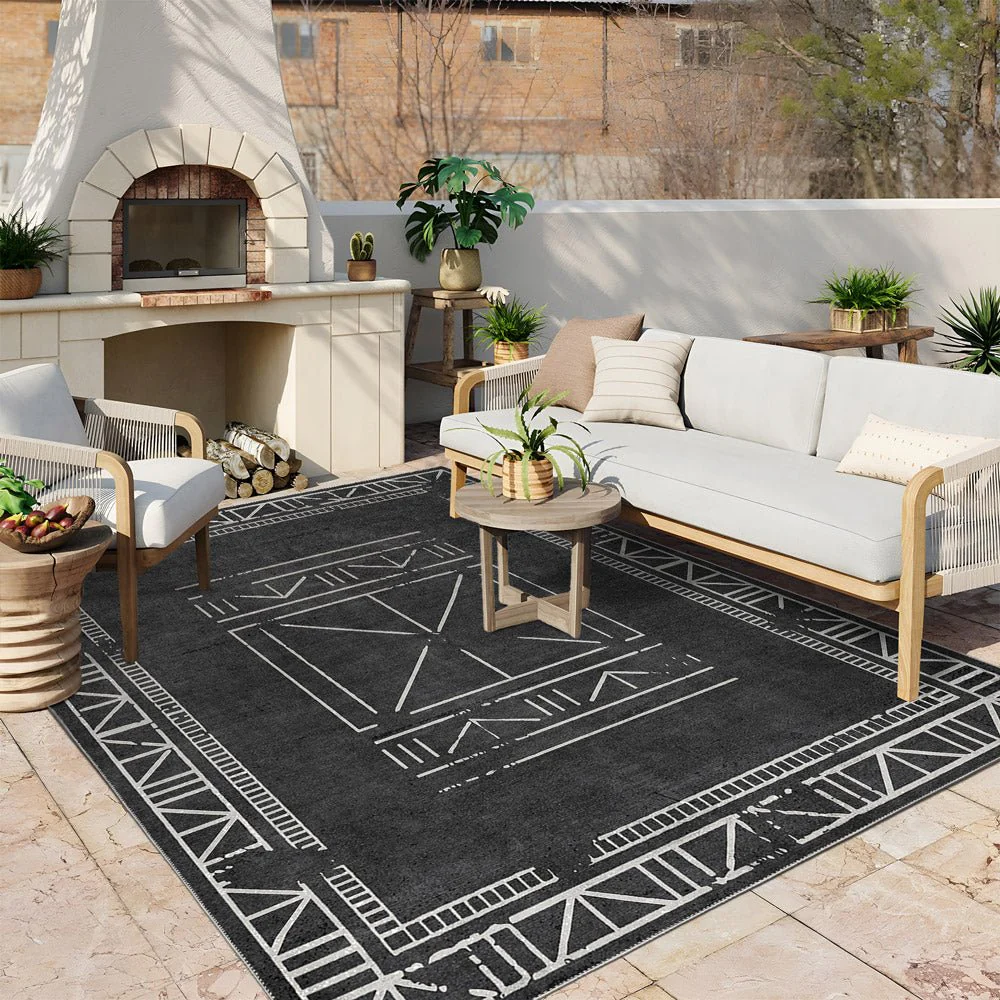 Modern Geometrical Charcoal Machine Washable Cotton Area Rug - Image 4